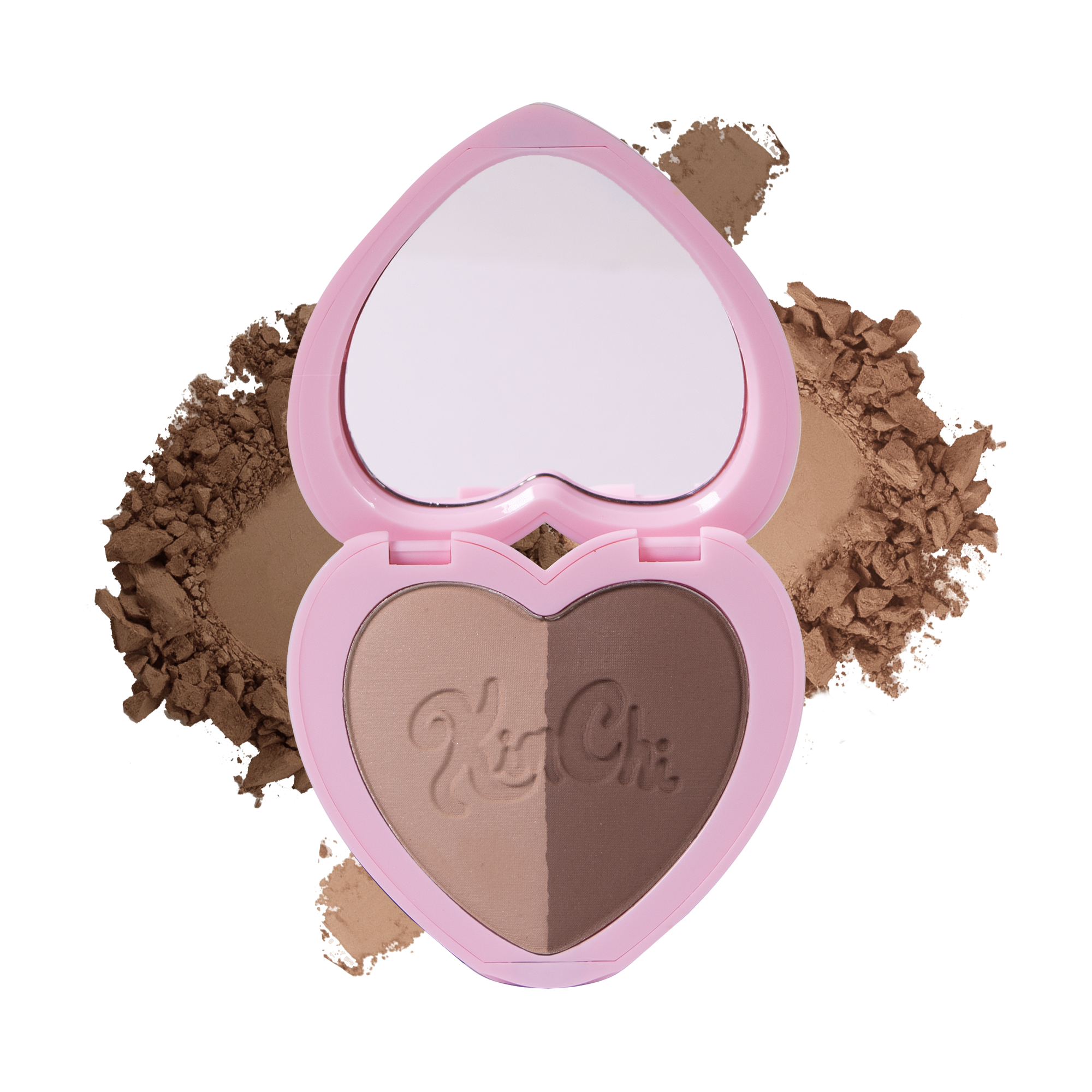 KiChi heart-shaped bronzer duo in warm shades, featuring a mirror and beautifully blended powder.