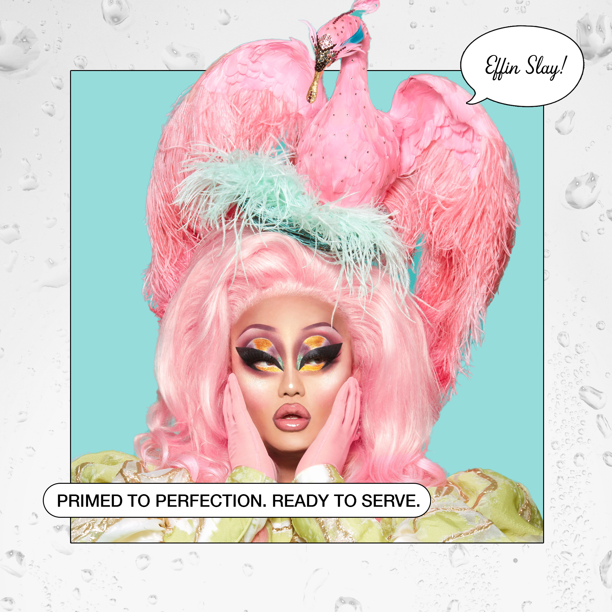 Vibrant drag queen with pink hair, showing bold makeup and a feathered headdress, ready to perform.