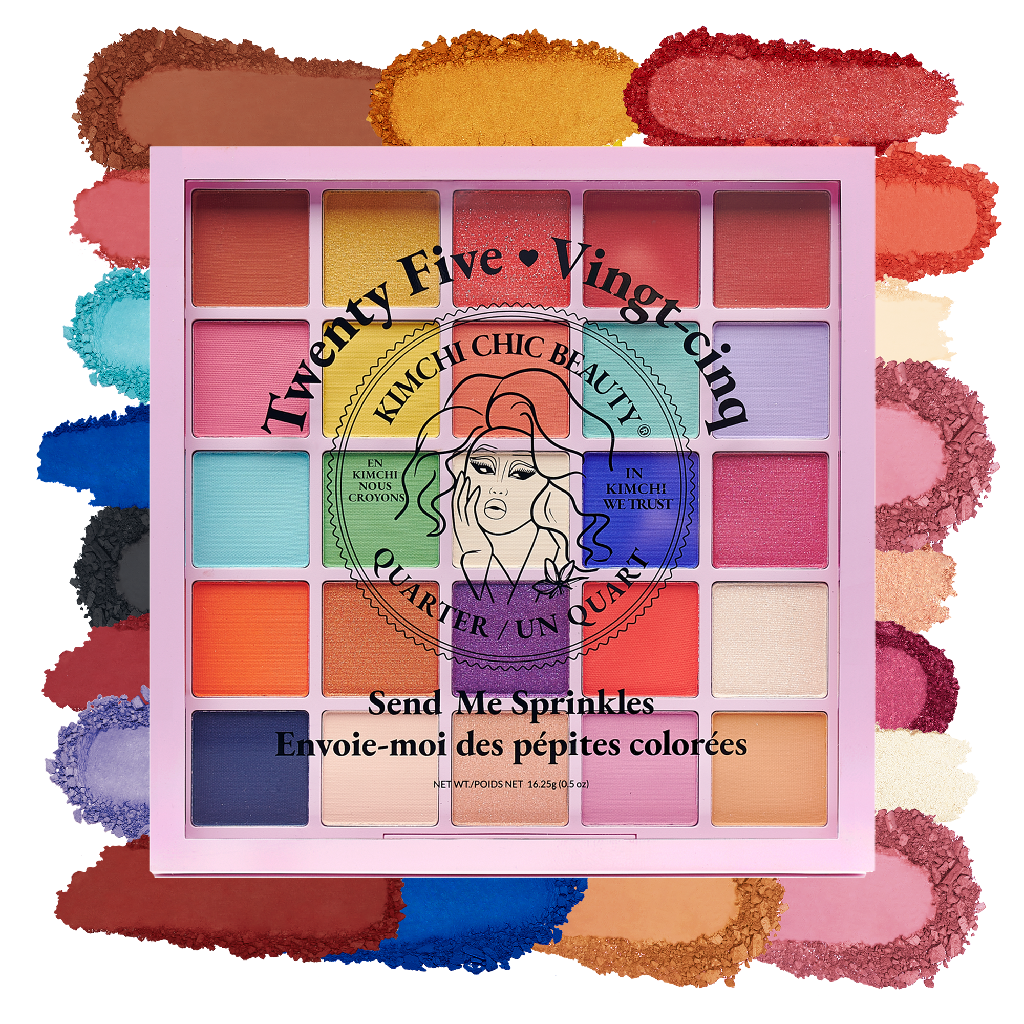 Colorful 25-shade eyeshadow palette by Kimchi Chic Beauty, featuring vibrant mattes and shimmers.