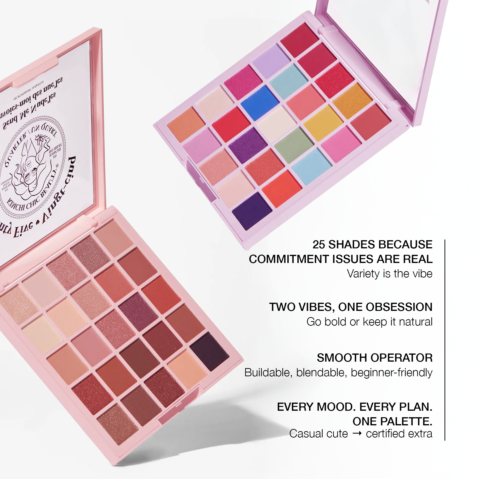 Colorful 25-shade eyeshadow palette in pink case, featuring buildable and blendable formulas.