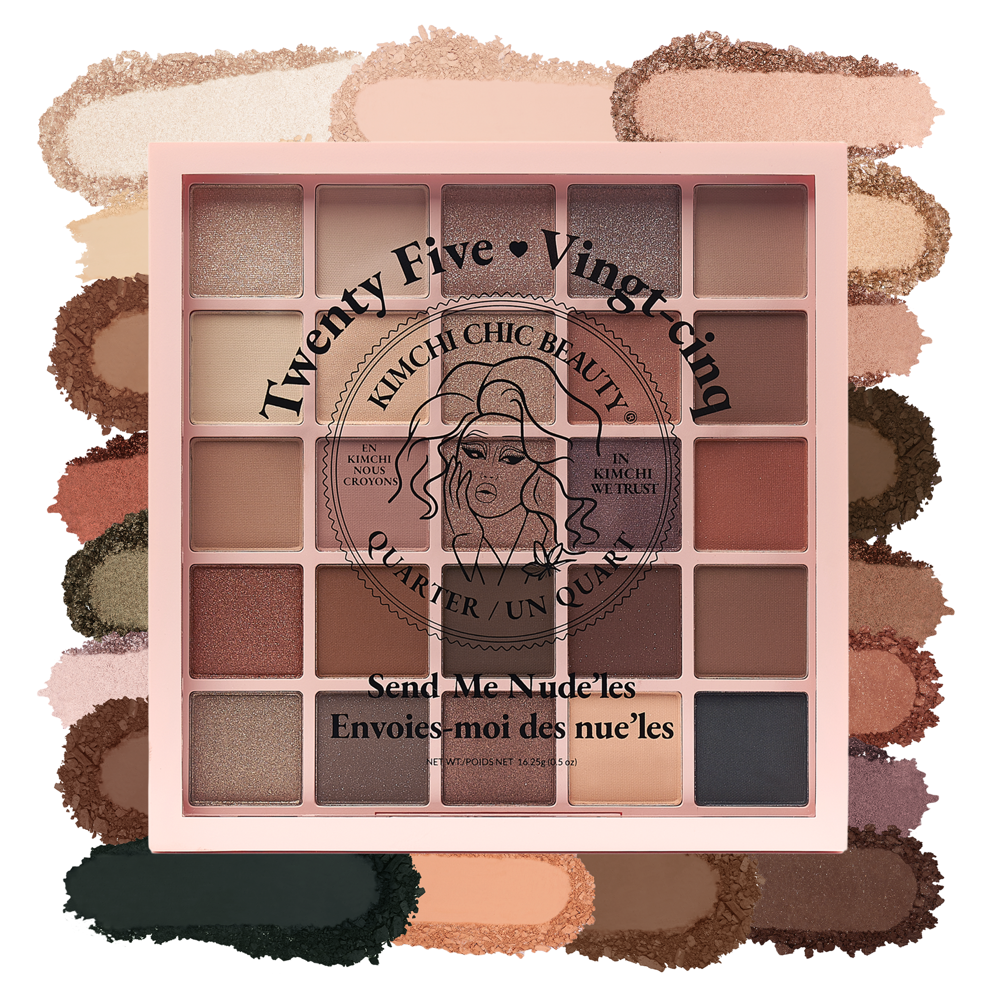 Kimchi Chic Beauty 25-color eyeshadow palette in nude shades, featuring matte and shimmer finishes.
