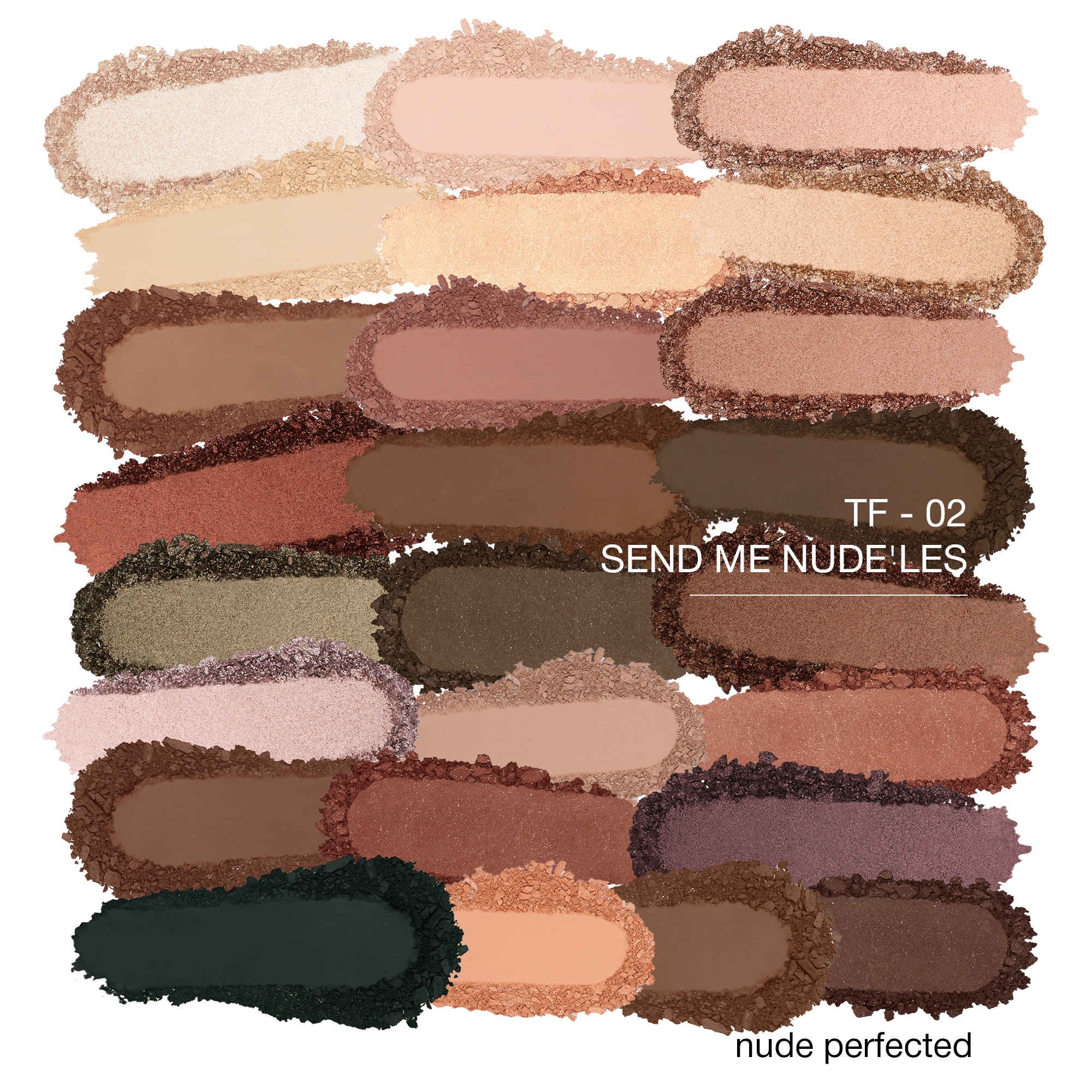 Tom Ford Send Me Nude'les eyeshadow palette swatches showcasing 15 nude shades in various finishes.