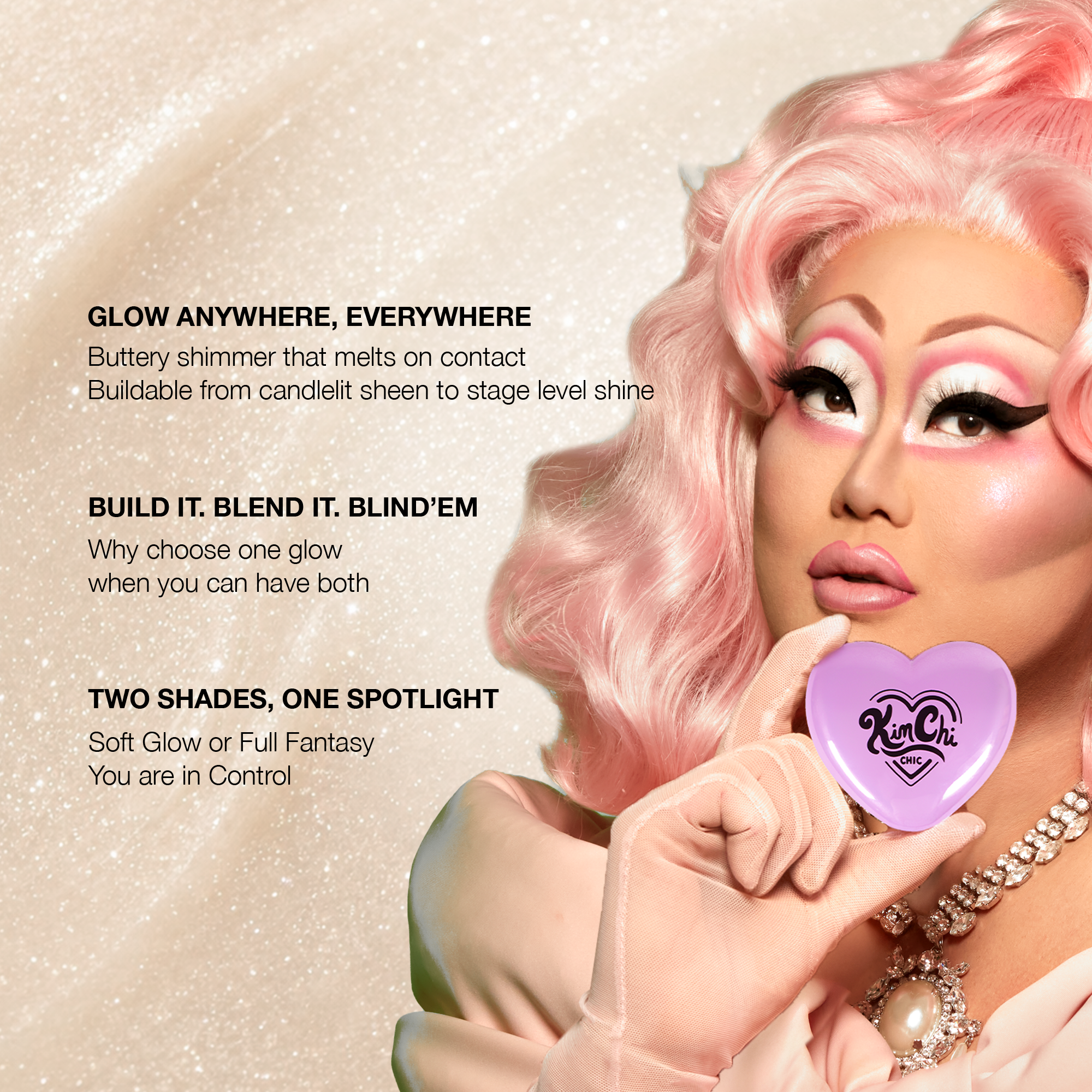 Kim Chi Chic highlighter compact, pastel pink shade, buildable shimmer for soft or dramatic glow effect.