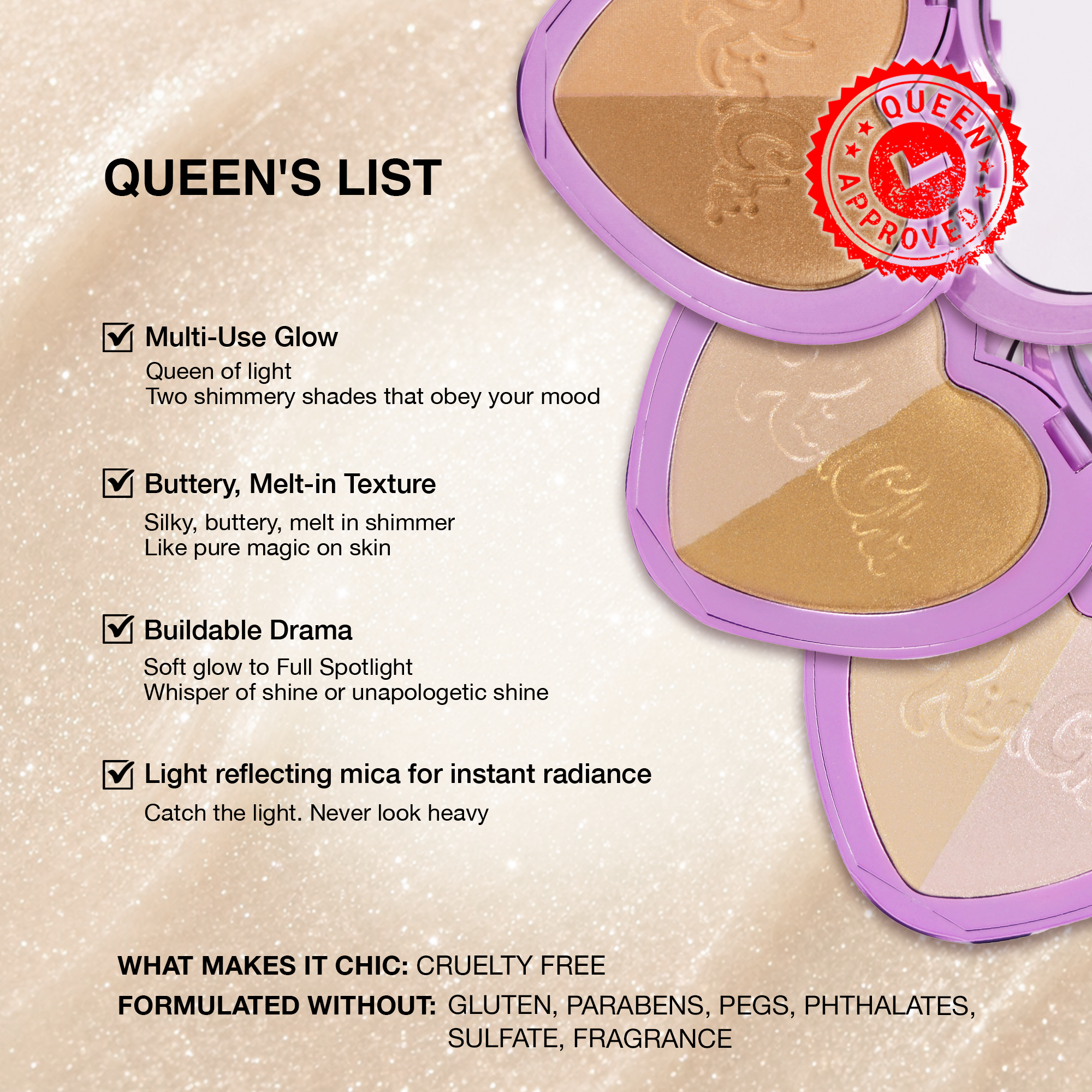 Queen's List multi-use highlighter in shimmery gold and bronze shades, cruelty-free, buttery texture for radiant glow.