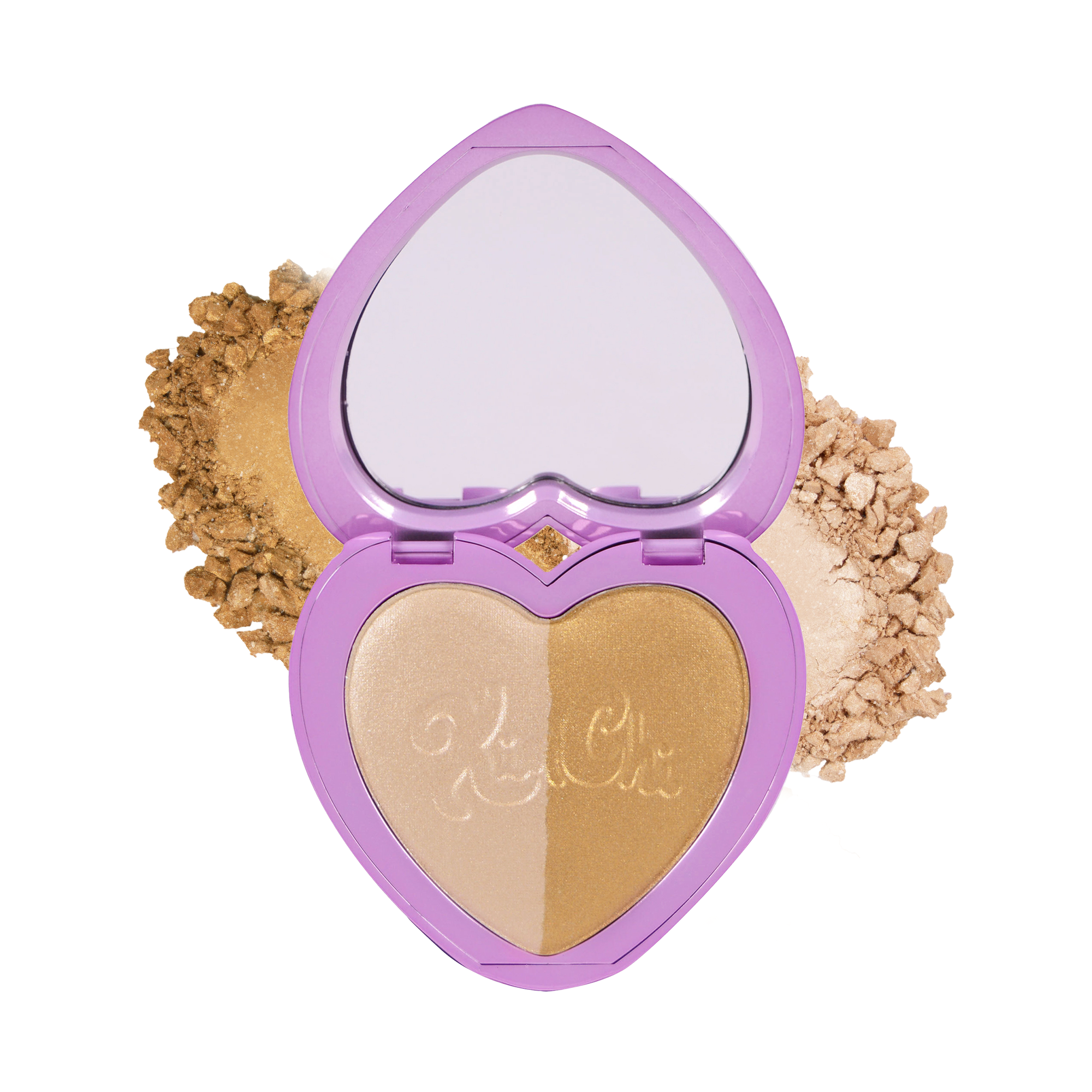 Heart-shaped highlighter palette with two shimmering shades, champagne and gold, in a lavender compact.