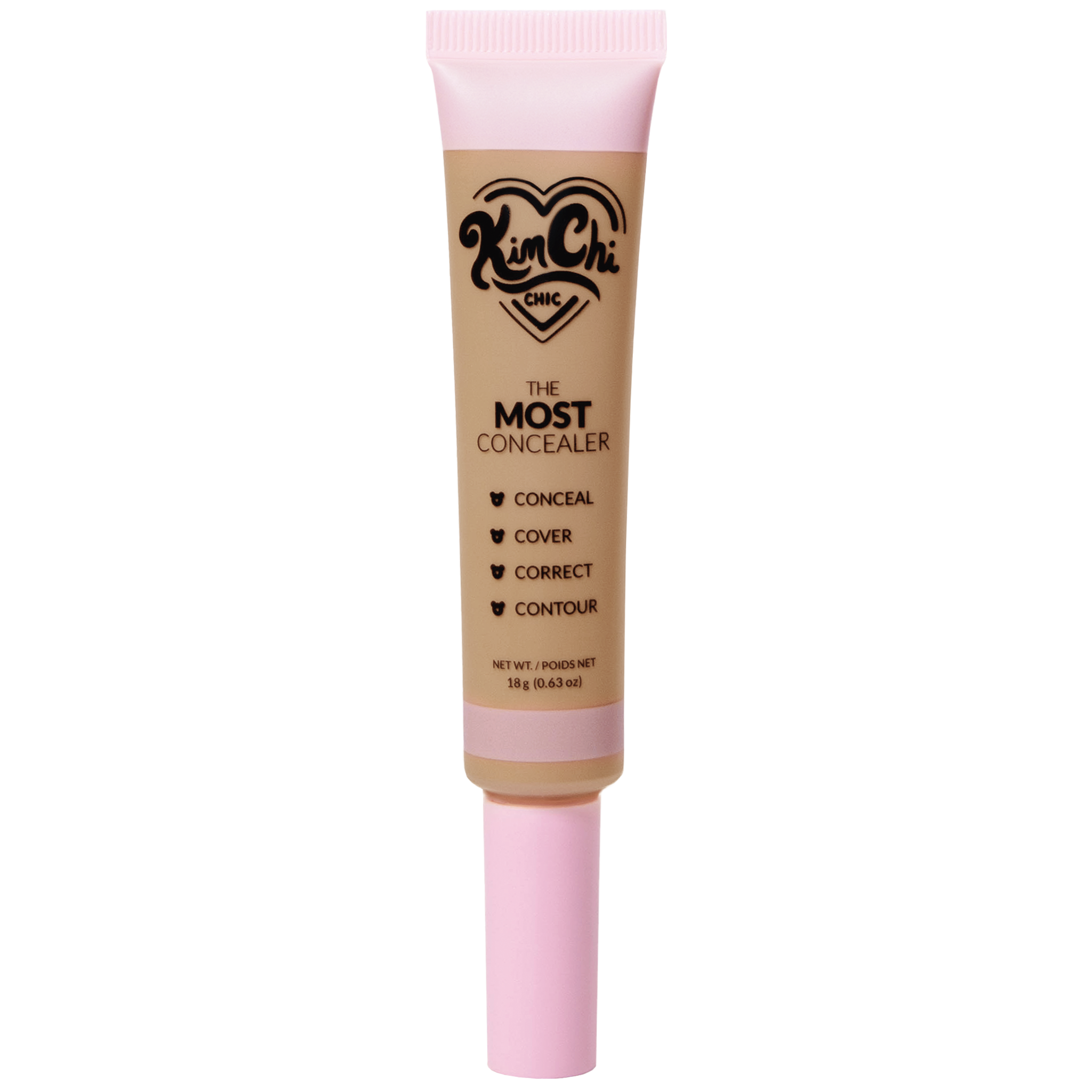 Tube of concealer with pink cap and label 'The Most Concealer'