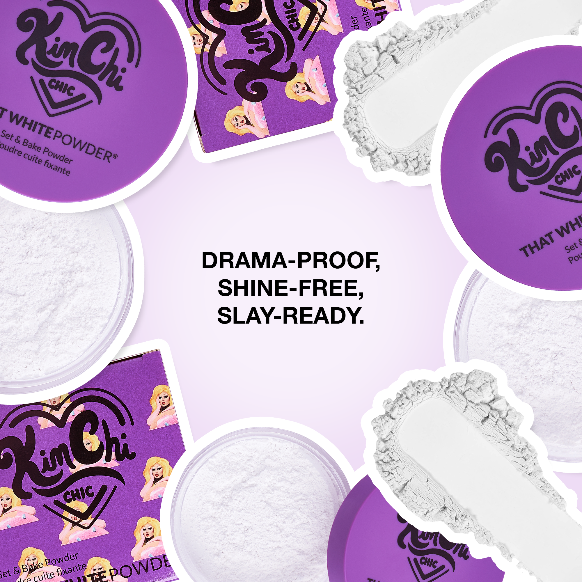 Kim Chi Chic Set & Bake Powder, drama-proof white formula, shine-free for flawless makeup.