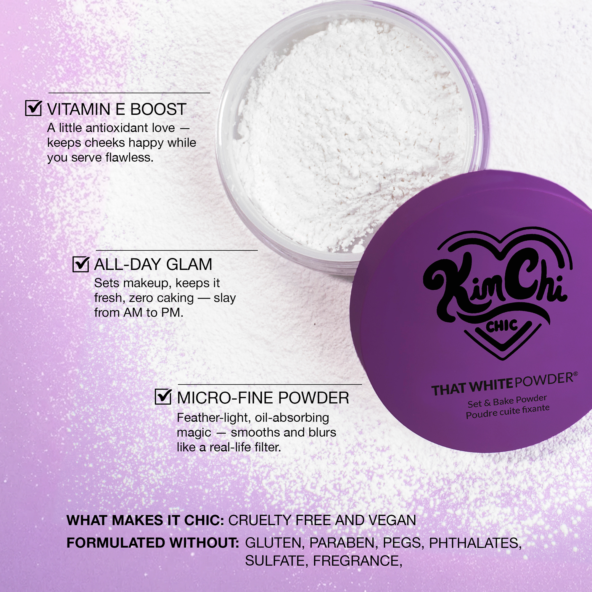 Kim Chi Chic That White Powder, micro-fine setting powder in purple container, vegan and cruelty-free.