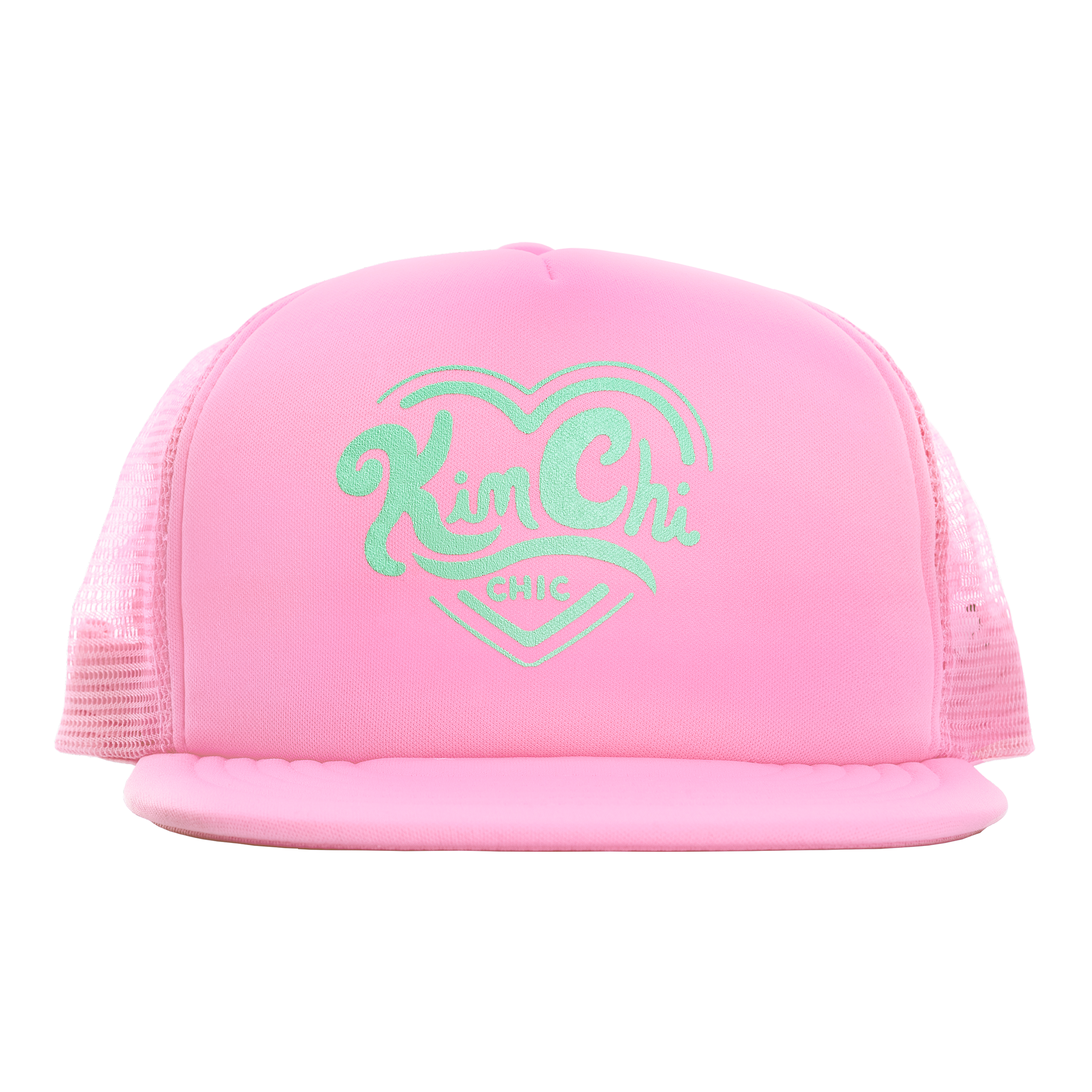 Pink mesh trucker hat with 'Kim Chi' logo in green lettering