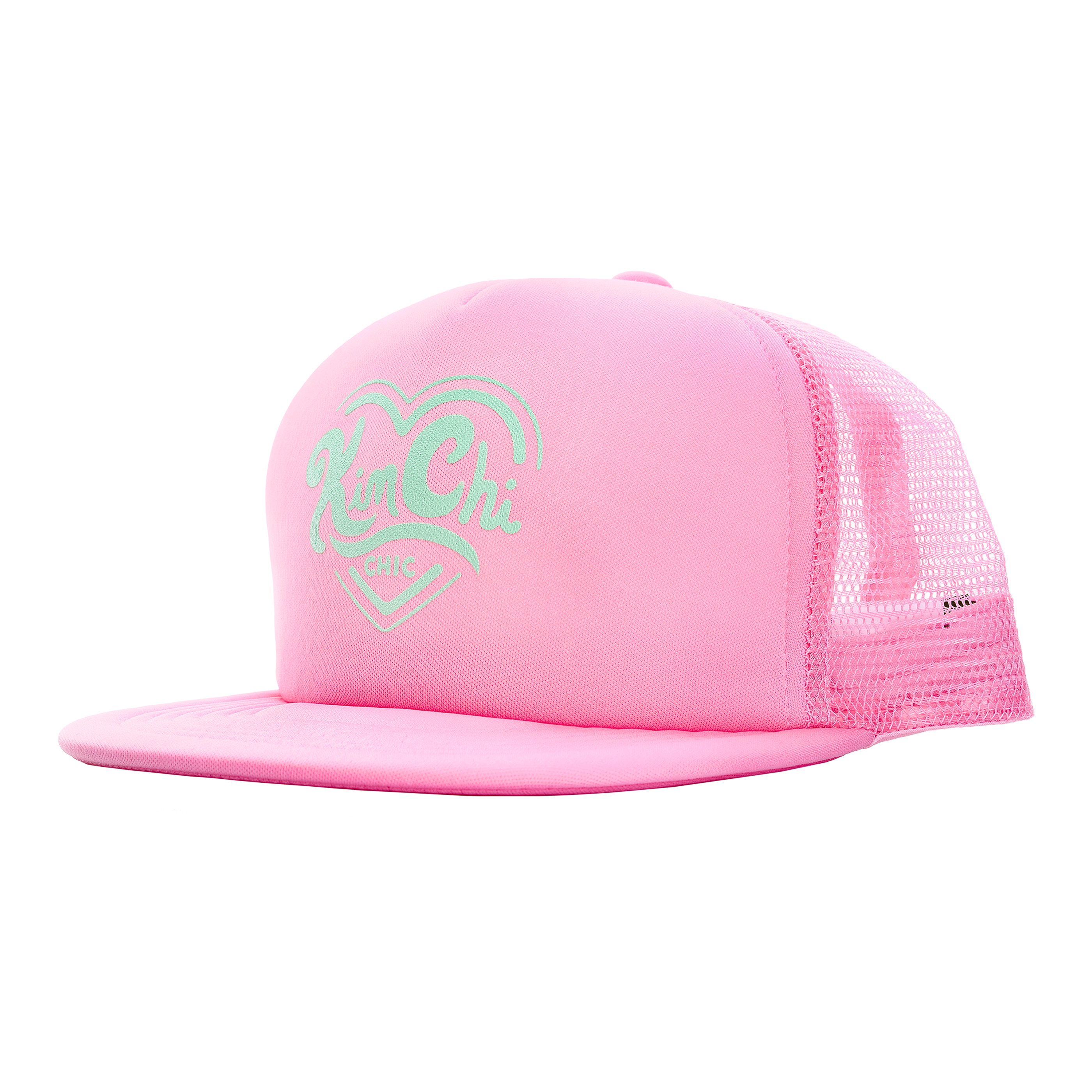 Pink trucker hat with heart design and text logo