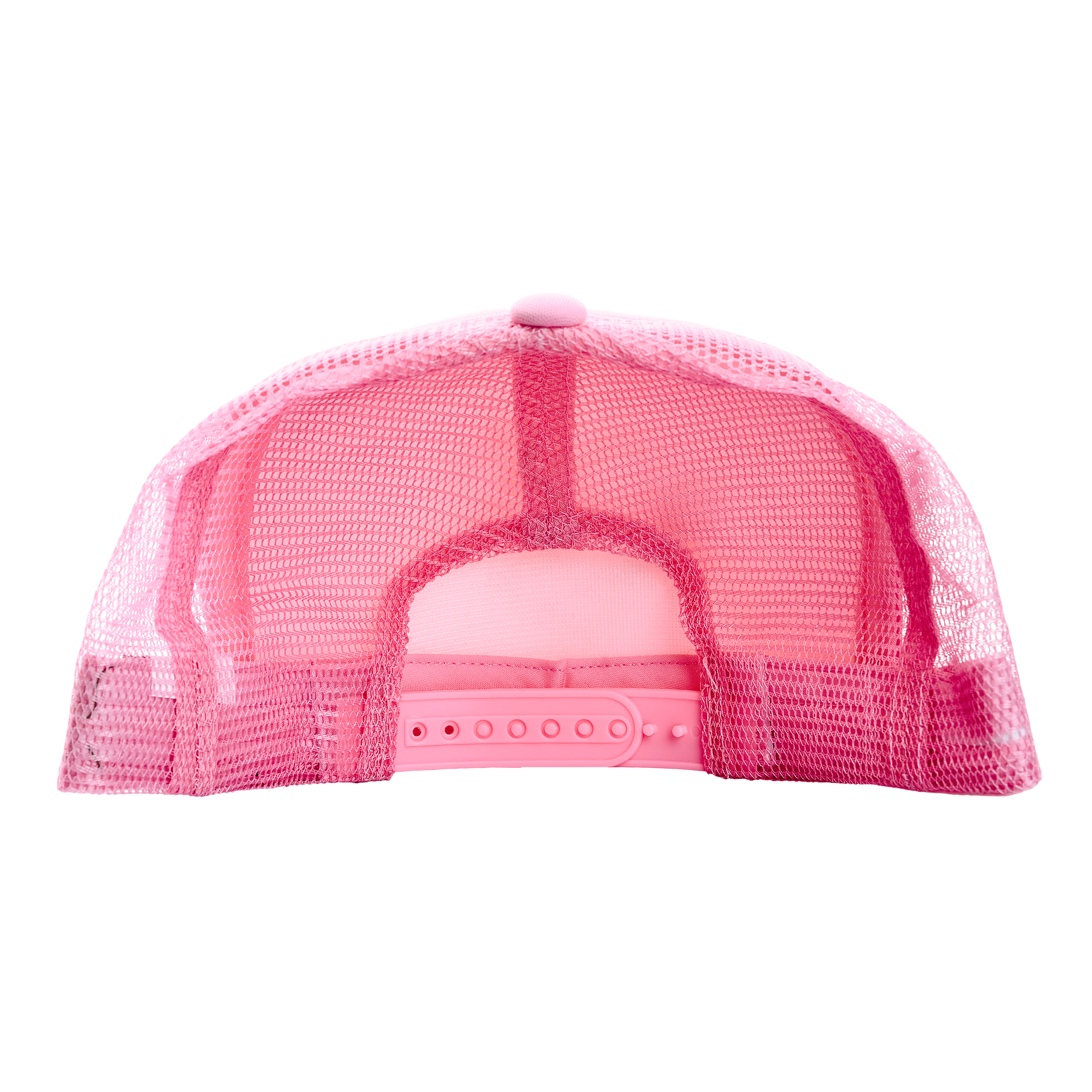 Back side of a pink mesh trucker hat