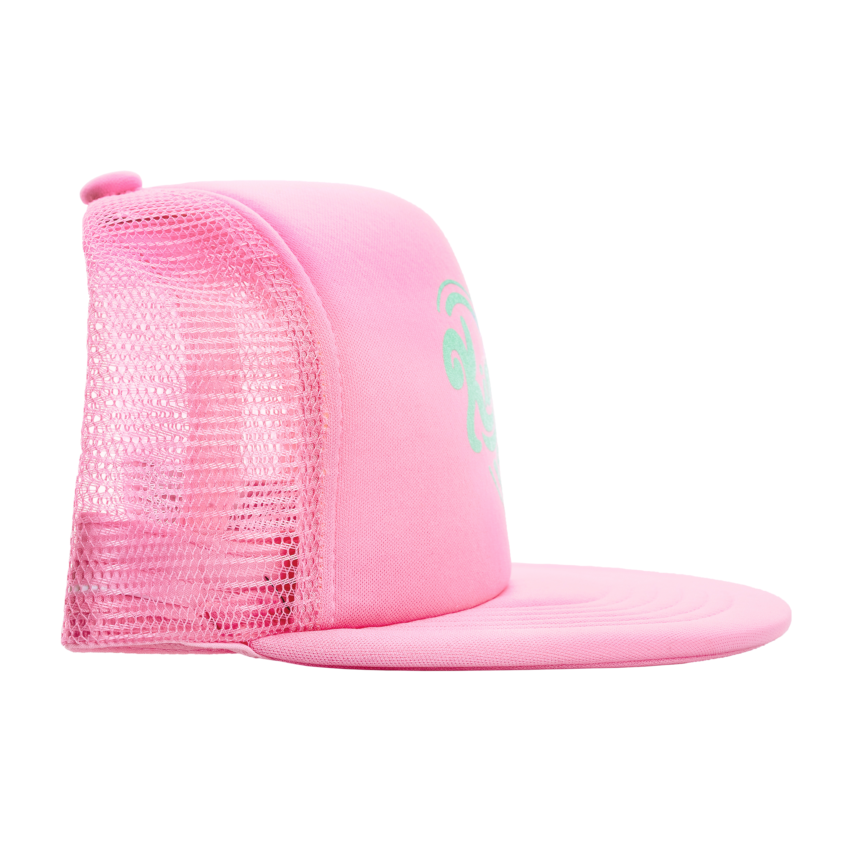 Side view of a pink trucker hat with a mesh back.