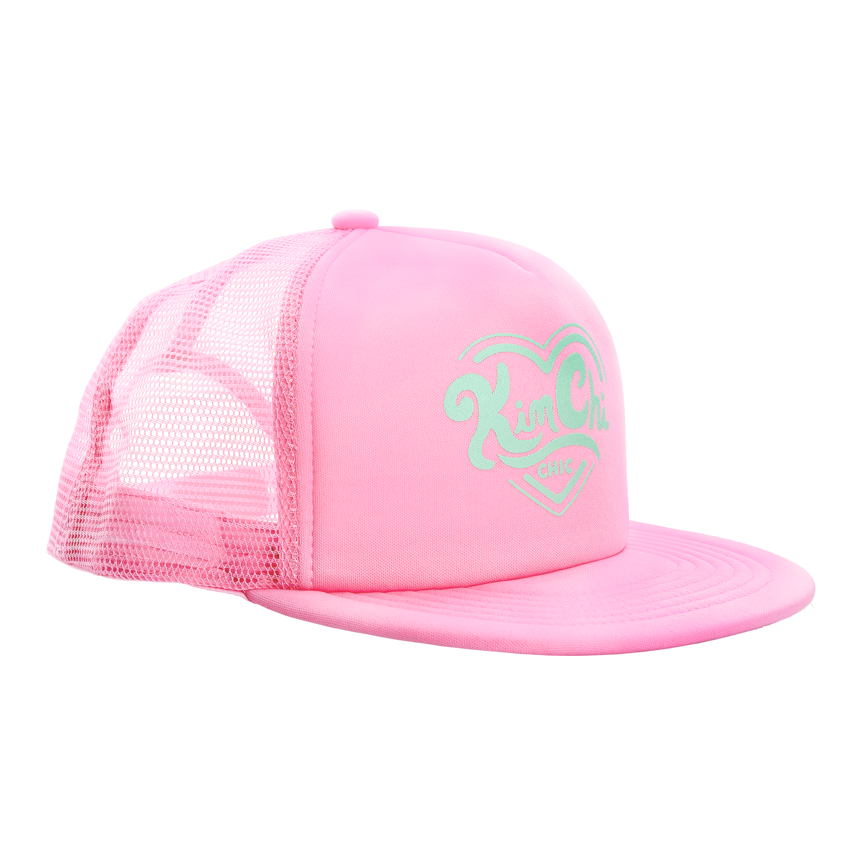 Pink mesh trucker hat with green logo