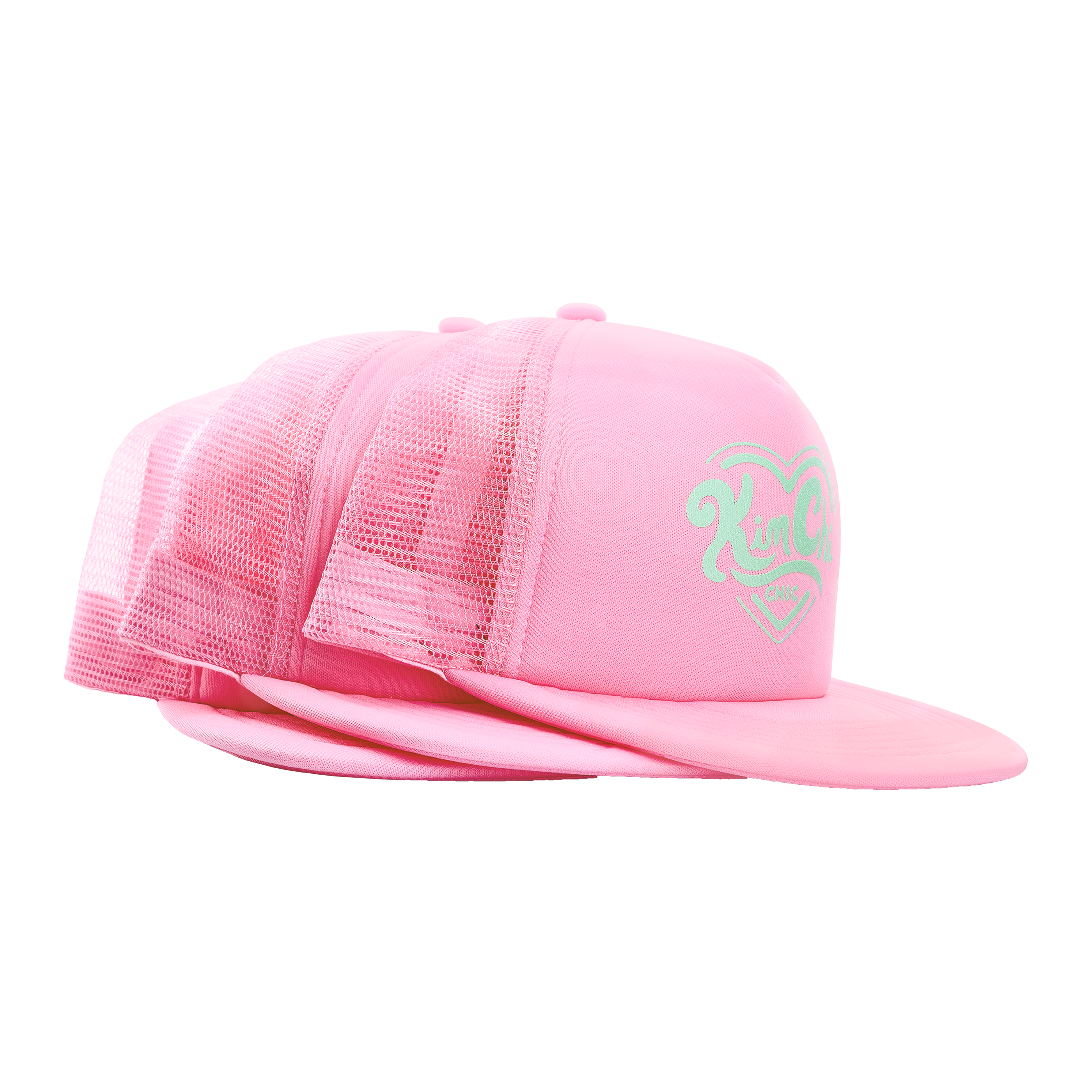 Stack of pink mesh trucker hats with logo