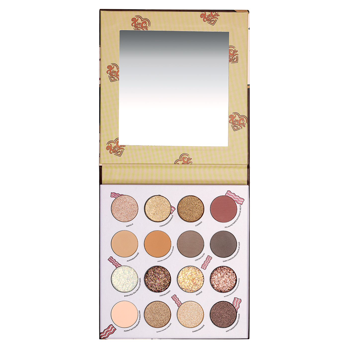 Open makeup palette with 16 eyeshadow shades and a mirror