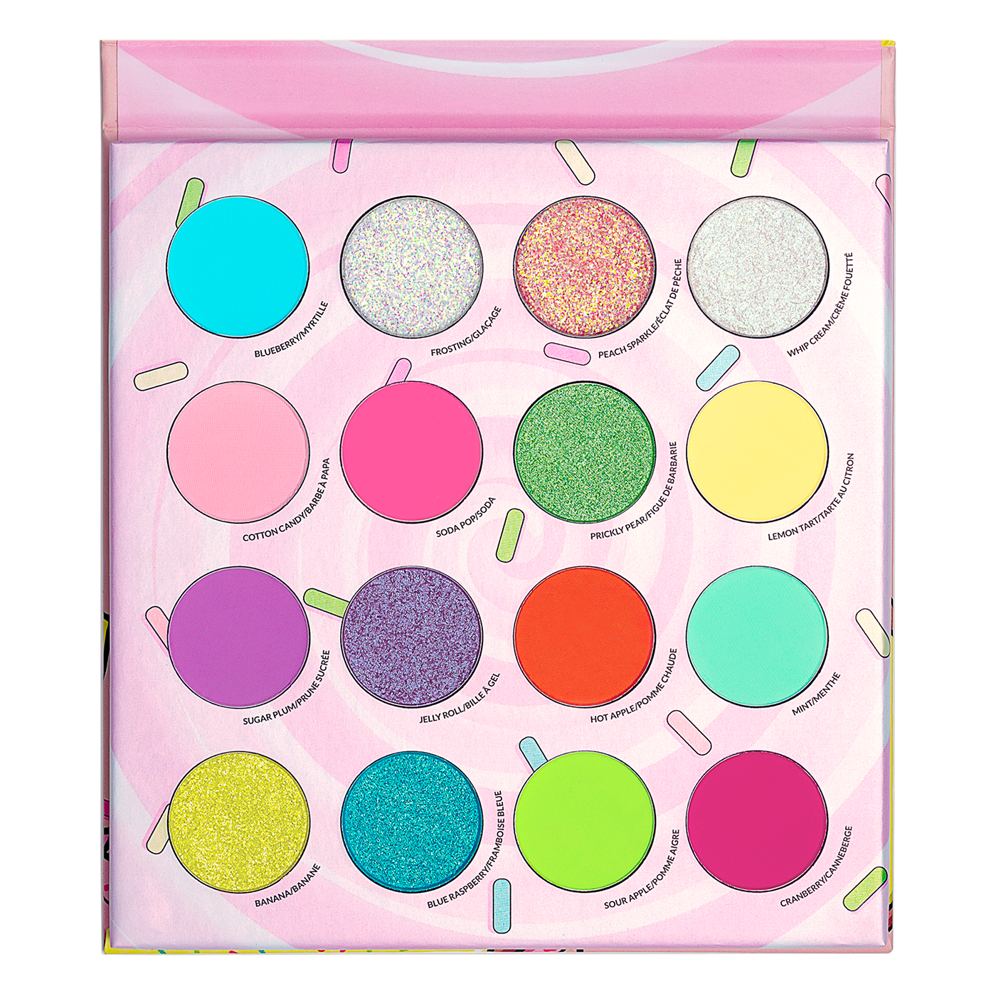 Colorful eyeshadow palette with various vibrant and glitter shades.