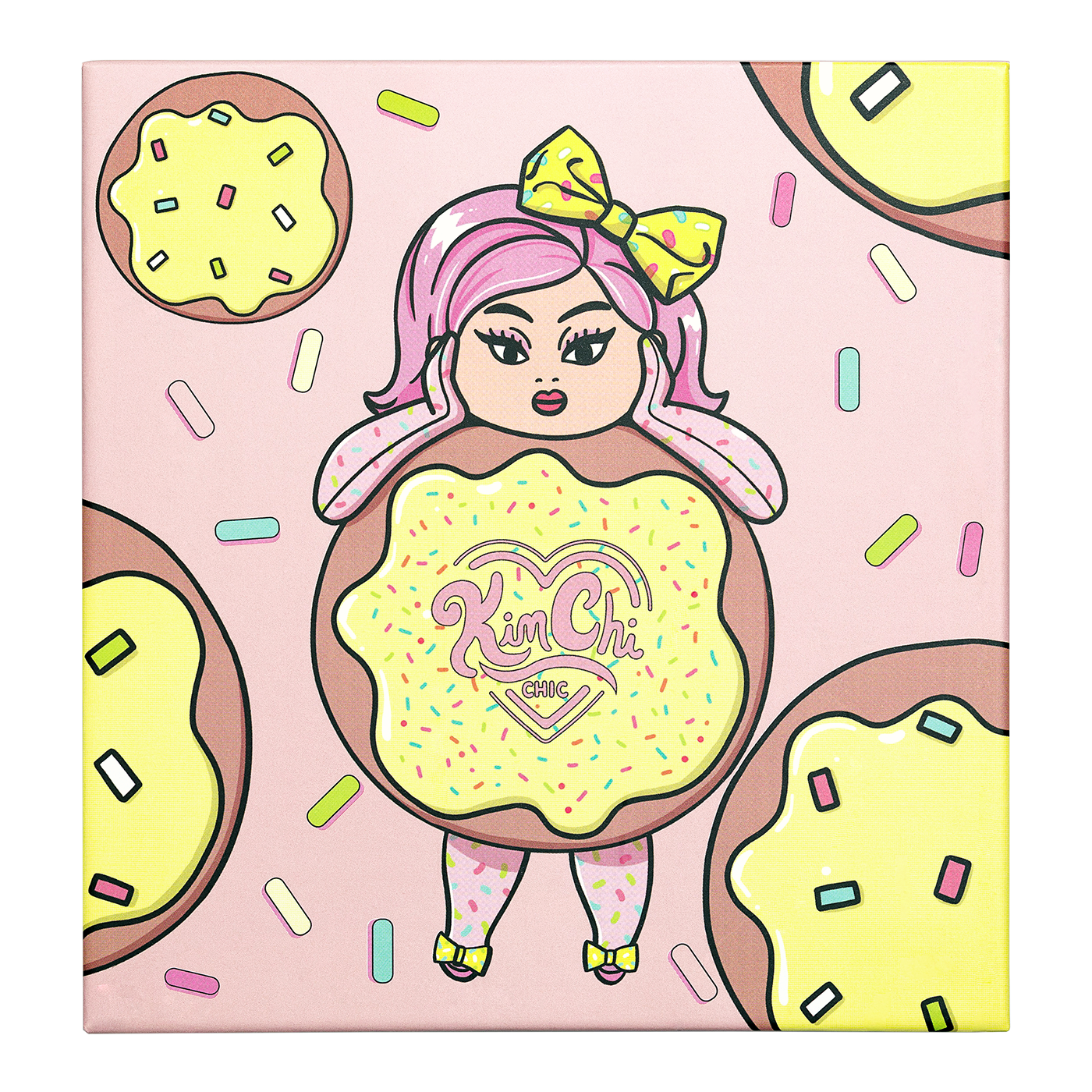 Cartoon character with pink hair and donut-themed outfit on a pink background with sprinkles.