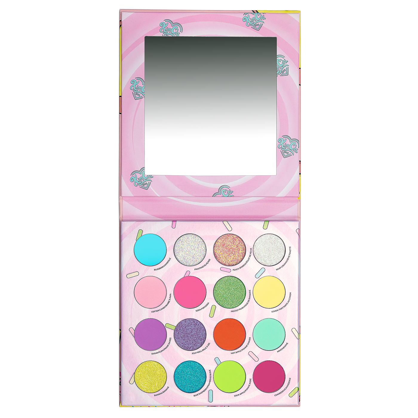 Colorful eyeshadow palette with mirror in pink packaging