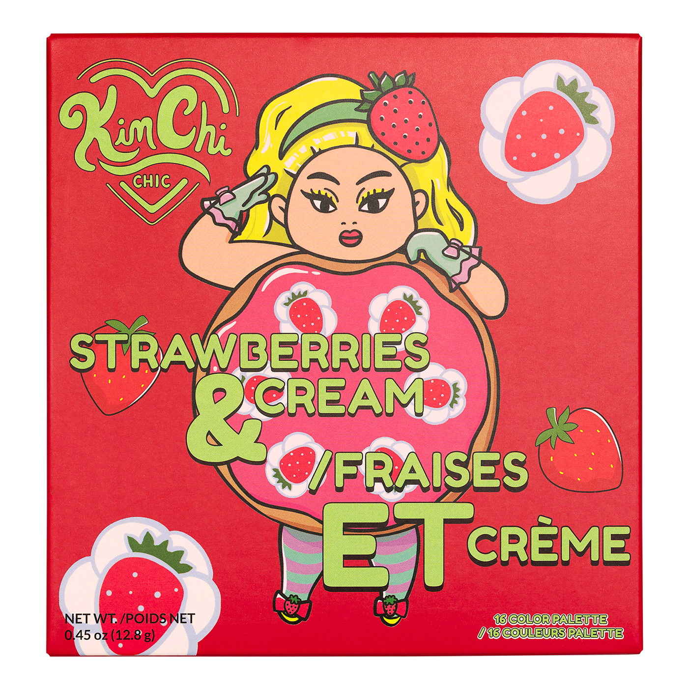 Colorful makeup packaging featuring an illustration of a character holding a strawberry donut, with text 'Strawberries & Cream / Fraises et Crème'.