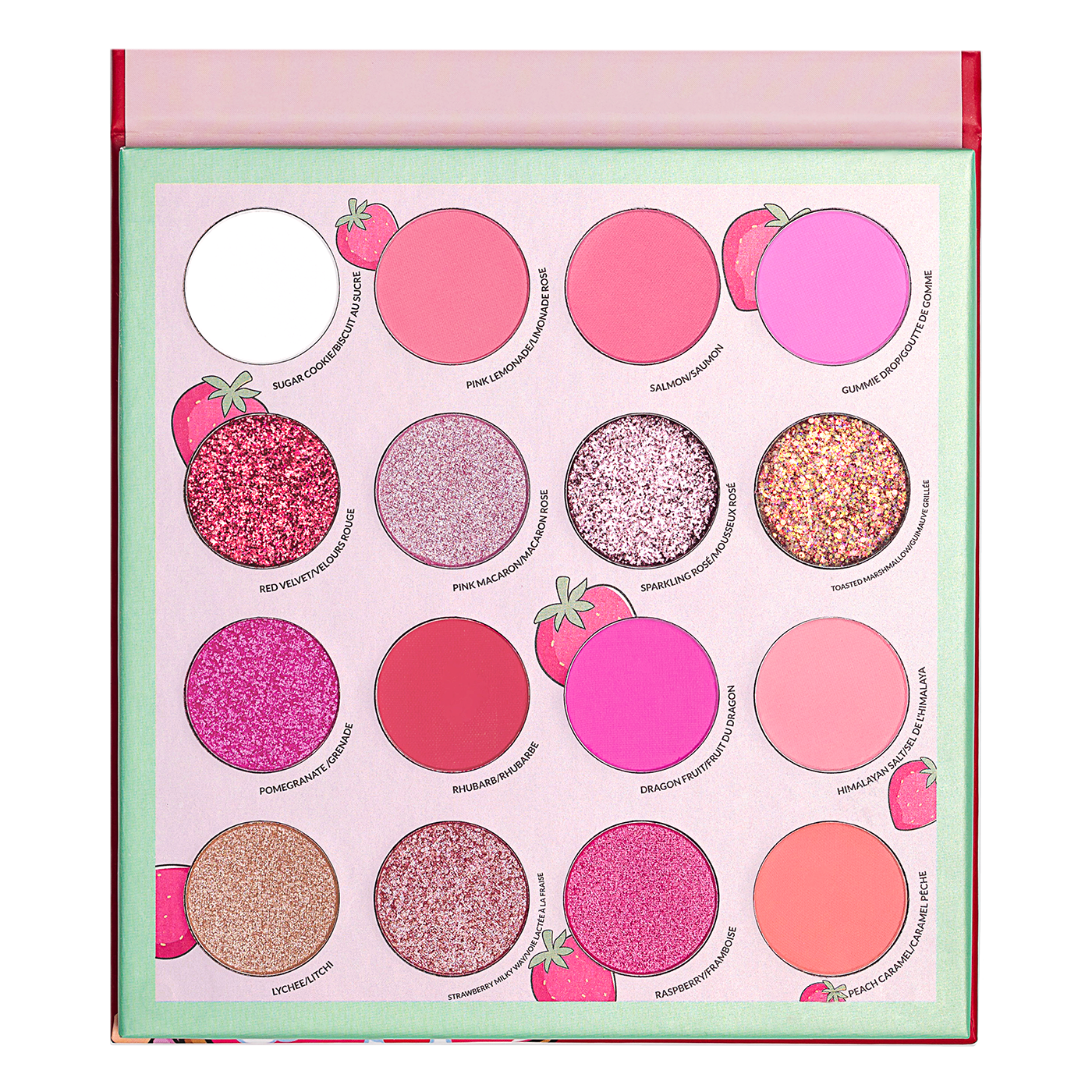 Colorful eyeshadow palette with various pink and glittery shades