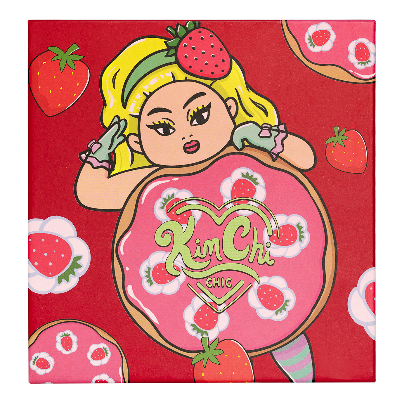 Cartoon character on a red background with strawberries and the text 'Kim Chi Chic'.