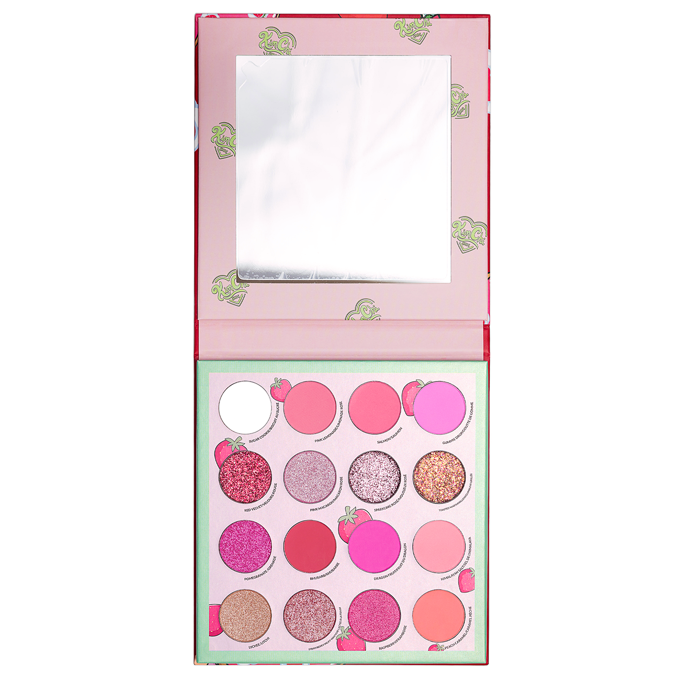 Open makeup palette with pink and glitter eyeshadows