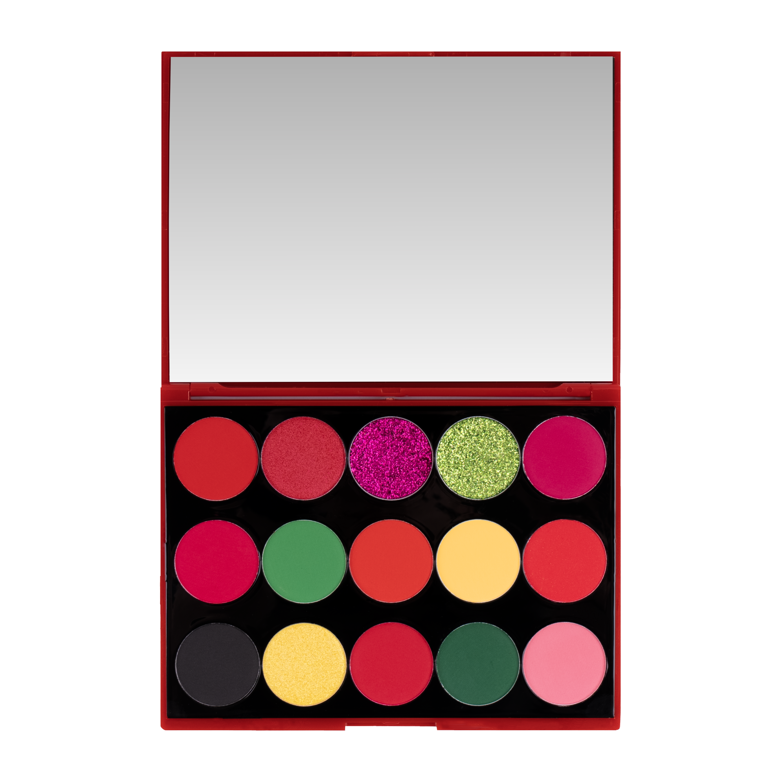 Colorful makeup palette with 15 eyeshadow shades and a mirror.