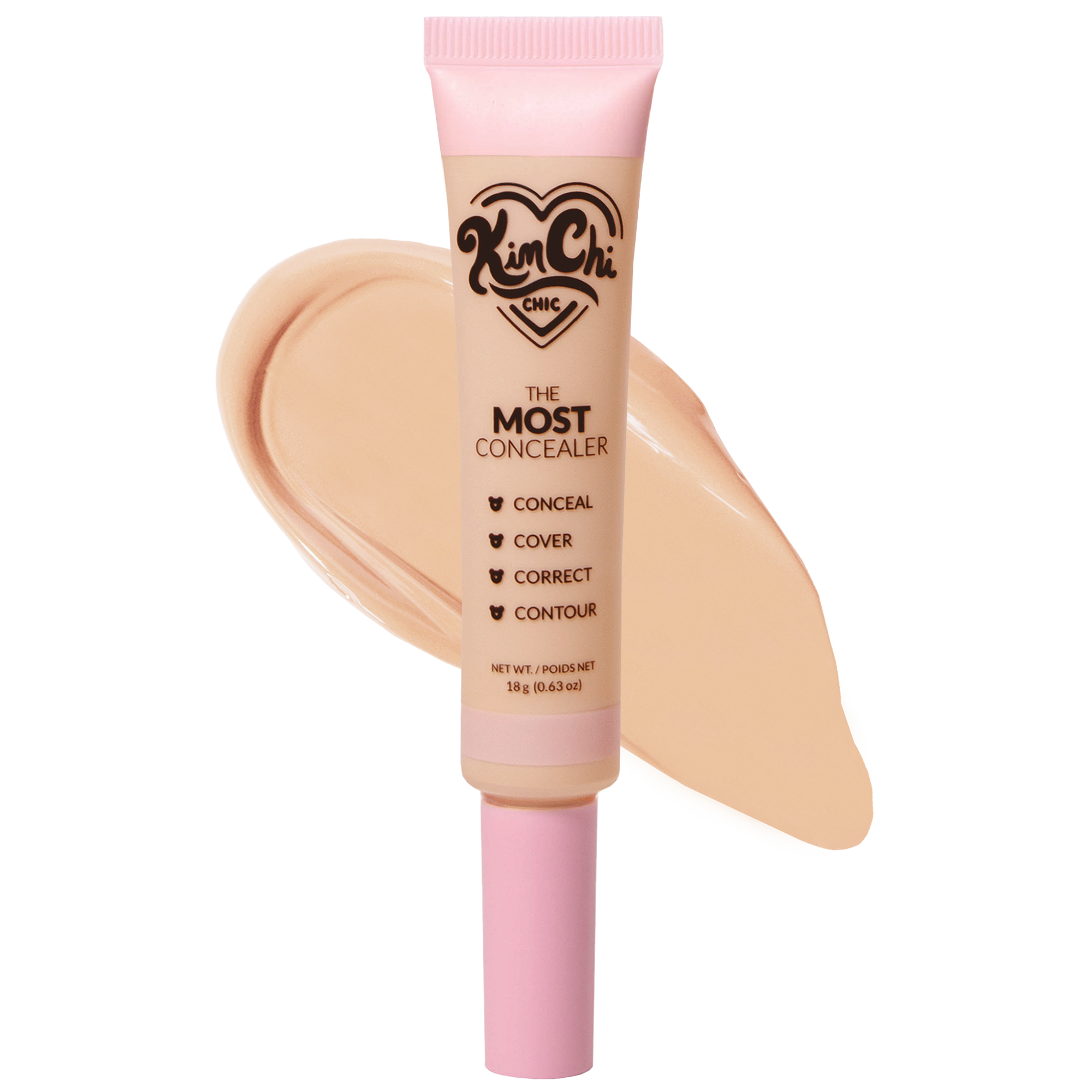 Tube of makeup concealer with product swatch behind