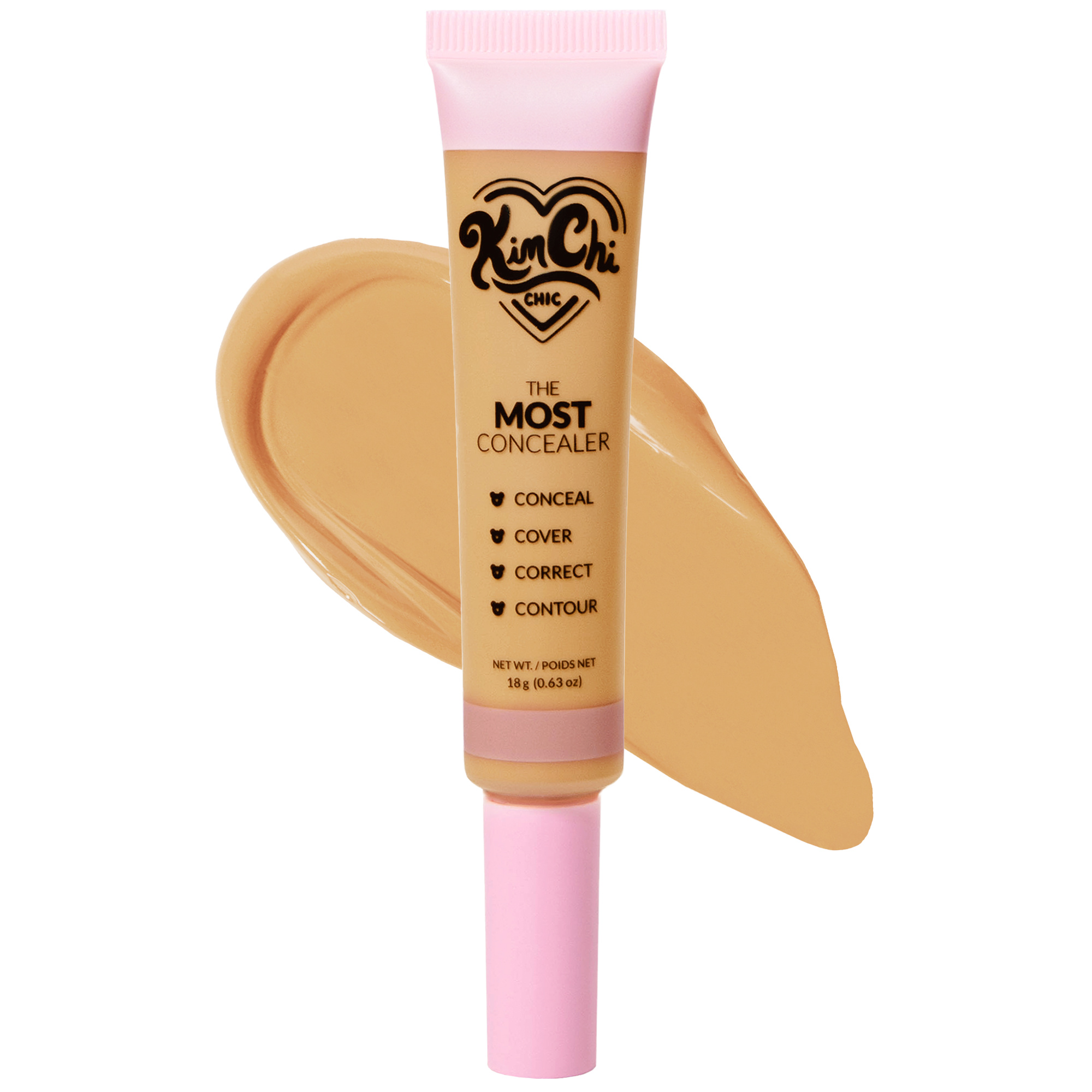 Cream concealer tube with swatch in beige color.