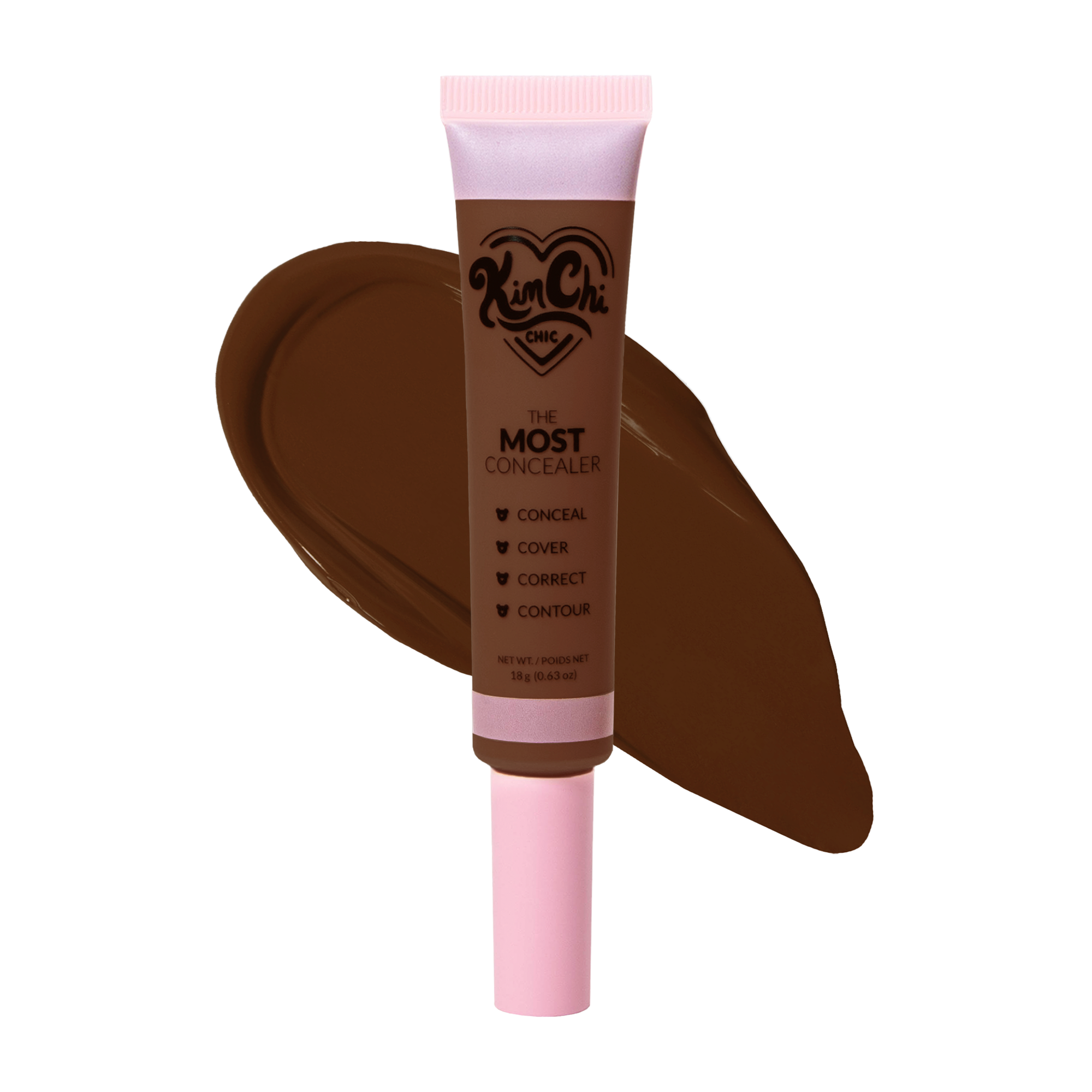 Tube of Kim Chi Chic Most Concealer with dark brown swatch