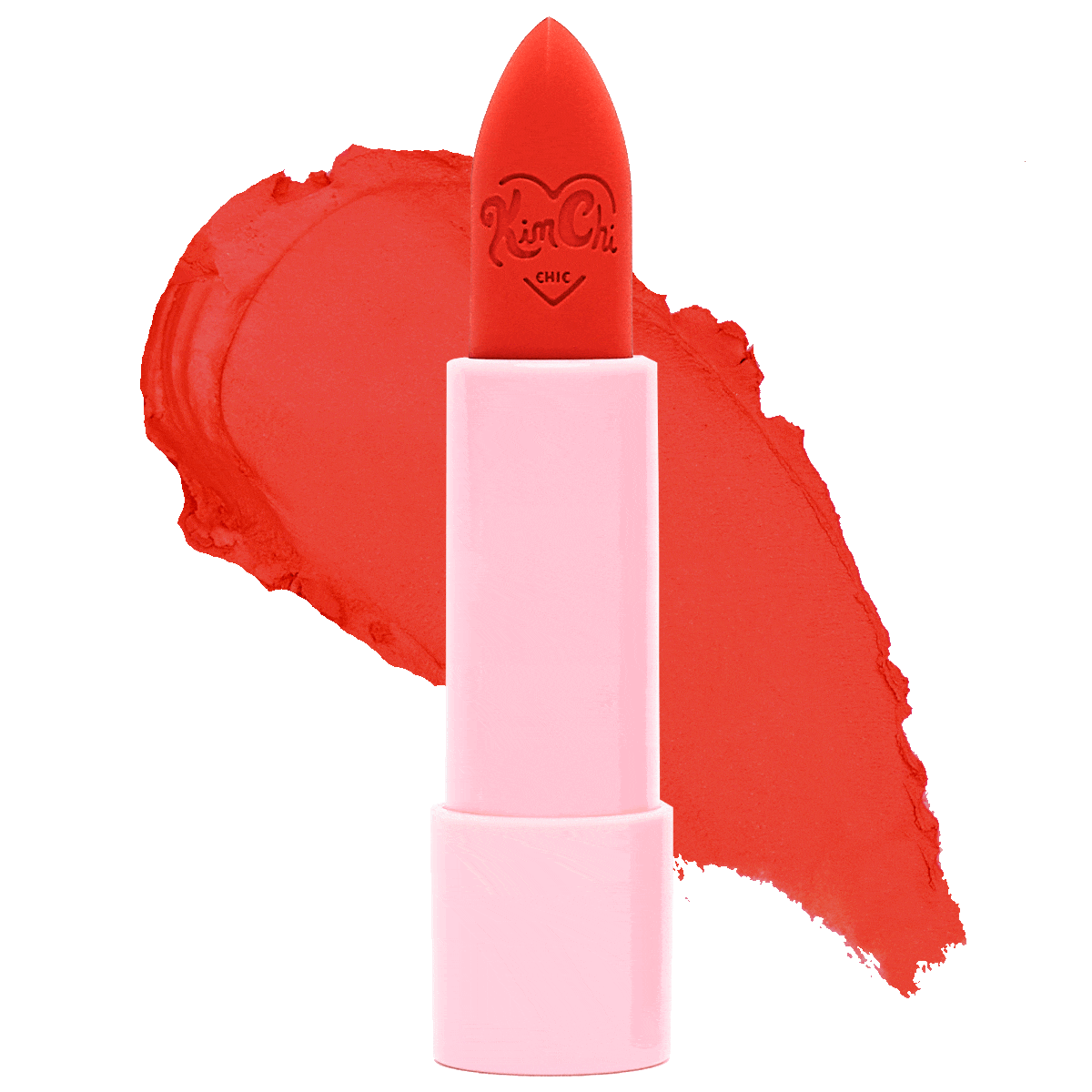 Red lipstick bullet next to a red lipstick smear