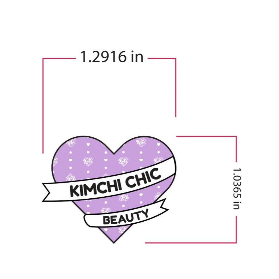 Purple heart-shaped logo with 'Kimchi Chic Beauty' text and dimensions.