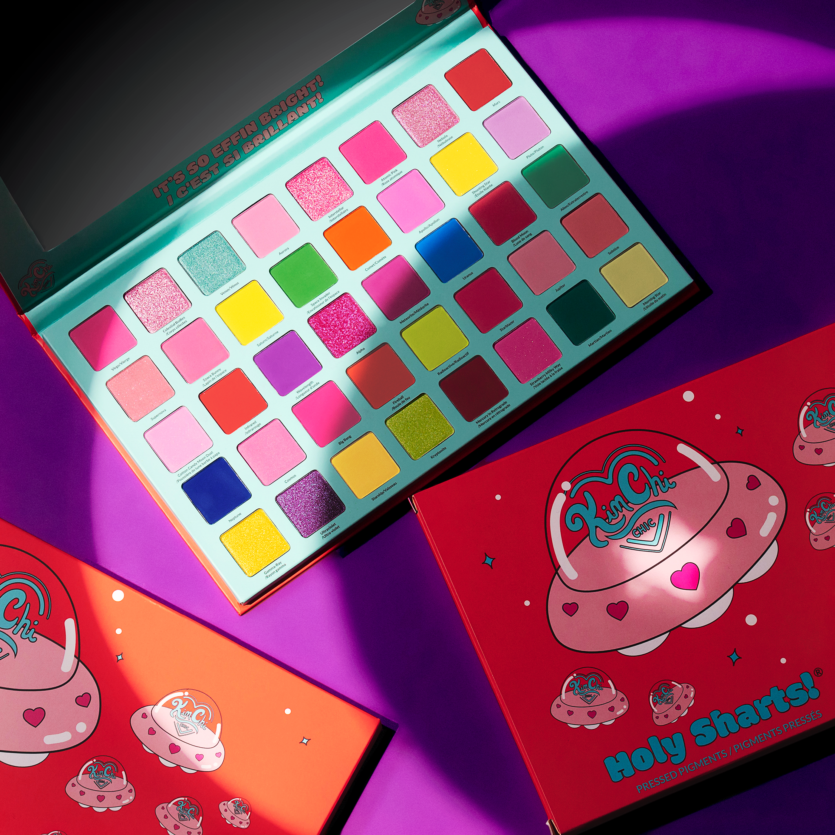 Colorful eyeshadow palette with bright packaging.