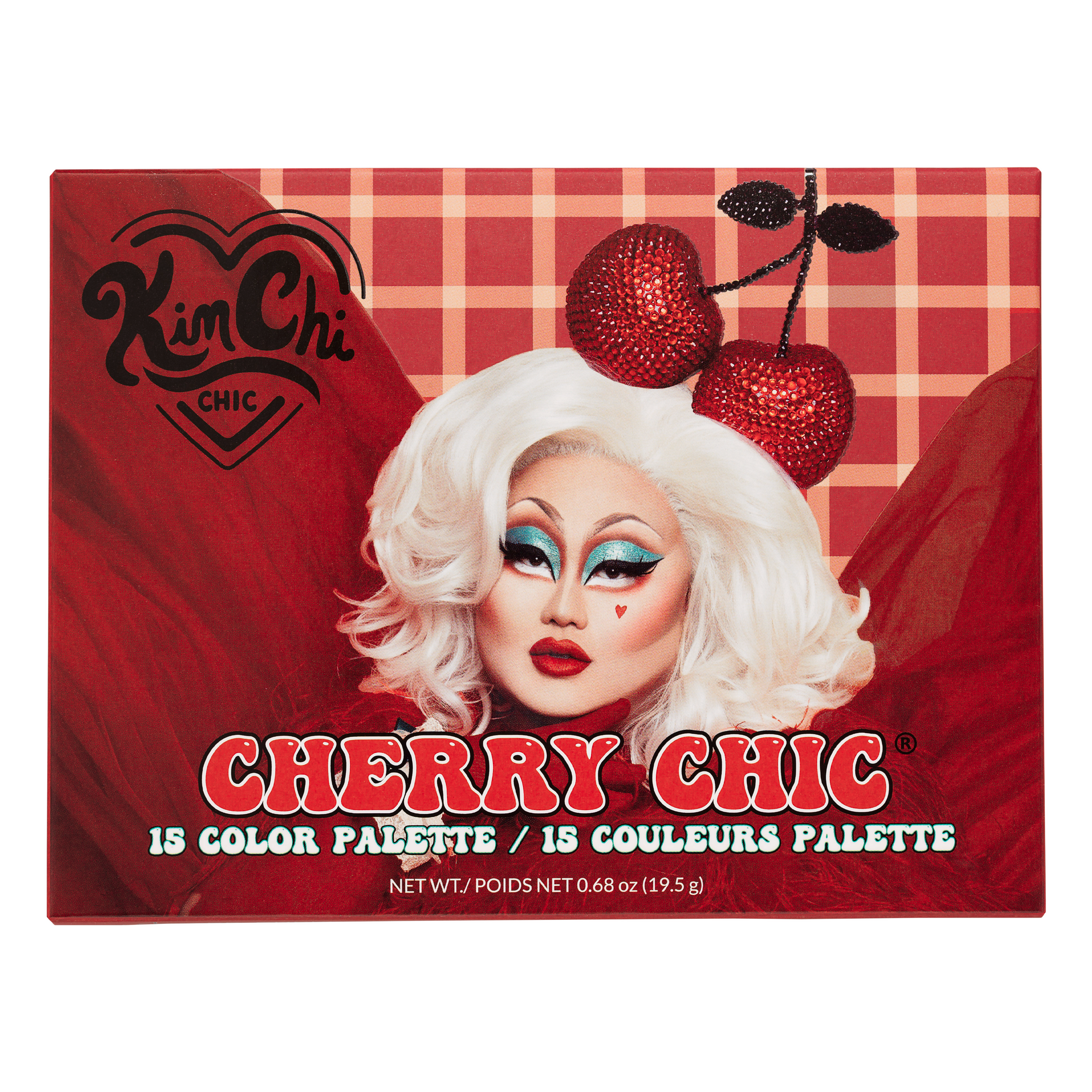 Cherry Chic 15 Color Palette by Kim Chi Chic featuring a person with dramatic makeup and cherries on their head against a red plaid background.