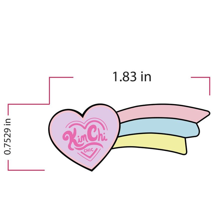 Heart-shaped pin with Kim Chi Chic logo and pastel rainbow design, dimensions 1.83 x 0.7529 inches.