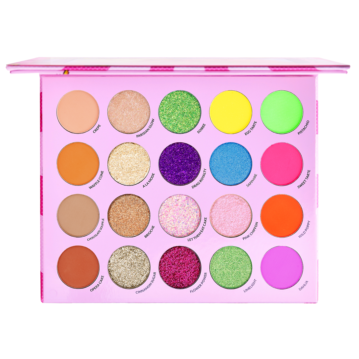 Colorful eyeshadow palette with twenty different shades in a pink case.