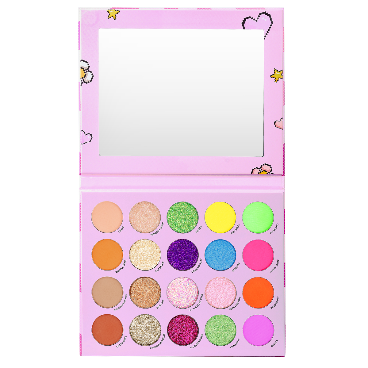 Colorful eyeshadow palette with multiple shades and a mirror.