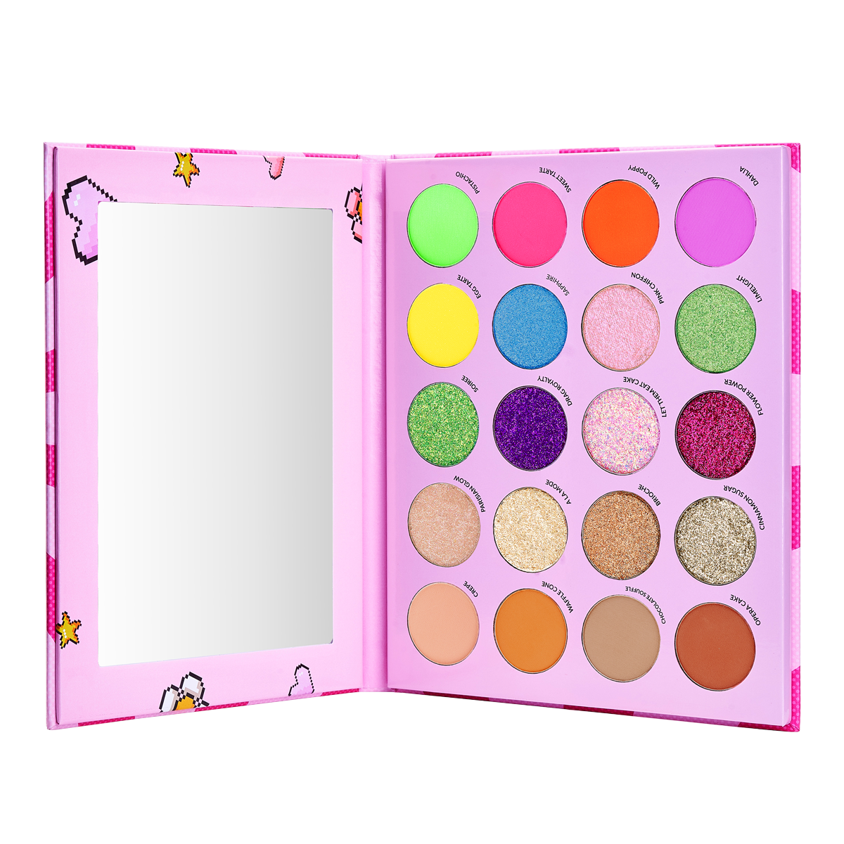 Open eyeshadow palette with various colorful shades and an attached mirror.