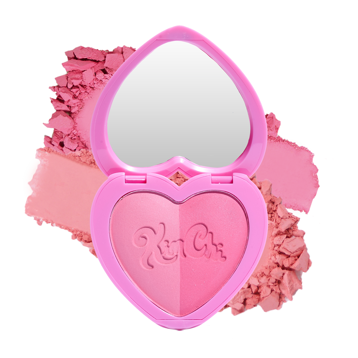 Heart-shaped blush compact with mirror and pink powder