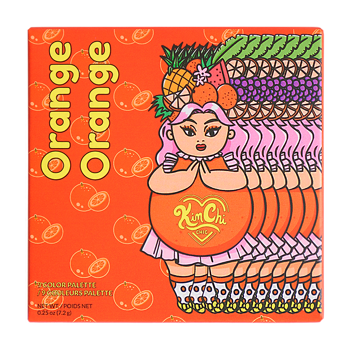 Colorful fruit-themed makeup palette packaging with cartoon character and vibrant orange background.