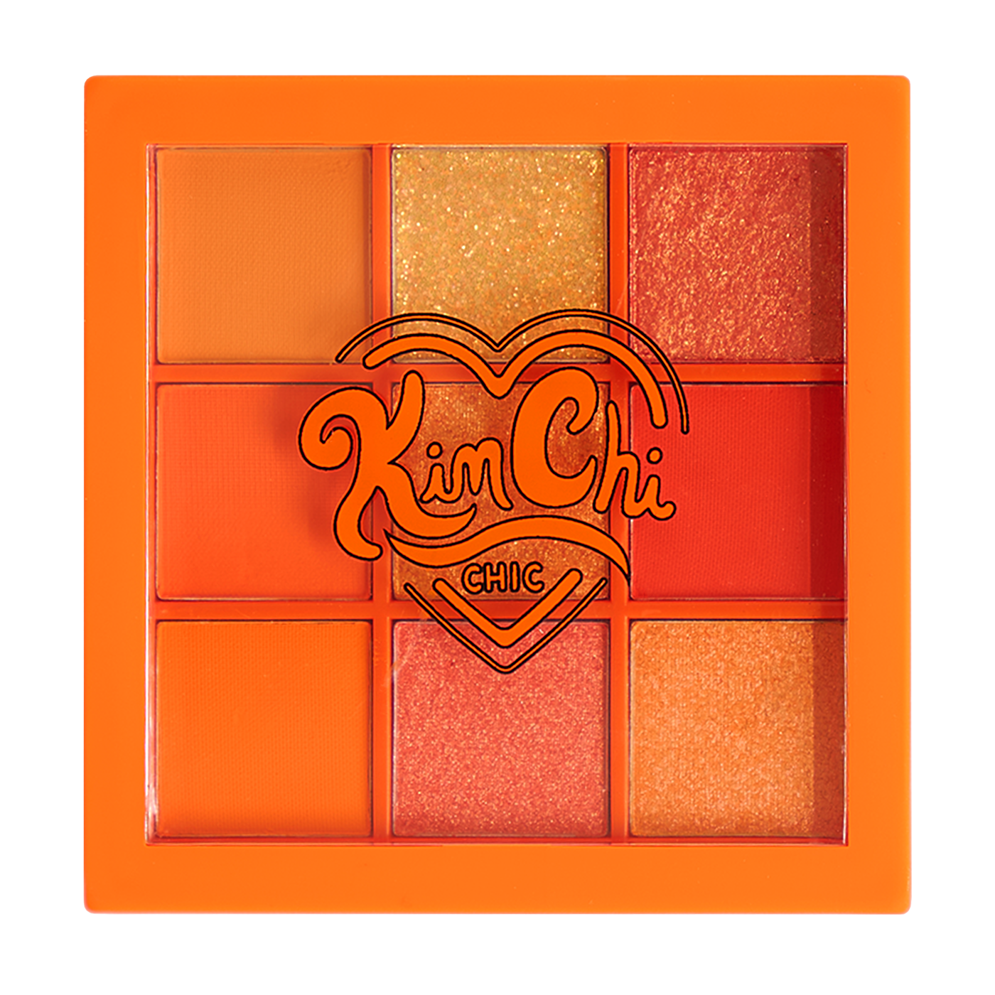 Palette with nine shades of orange makeup labeled 'Kim Chi Chic'