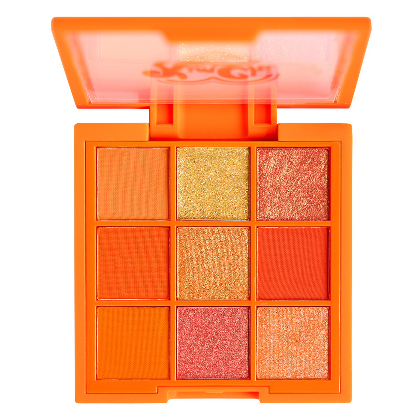 Nine-pan eyeshadow palette with warm-toned shades including orange and gold.