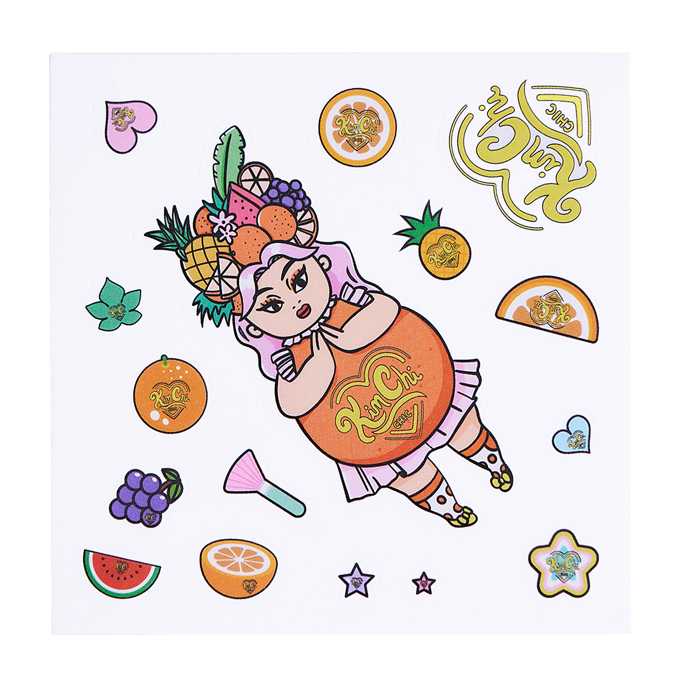 Colorful illustration of a character wearing fruit accessories with various fruit and floral designs around them.