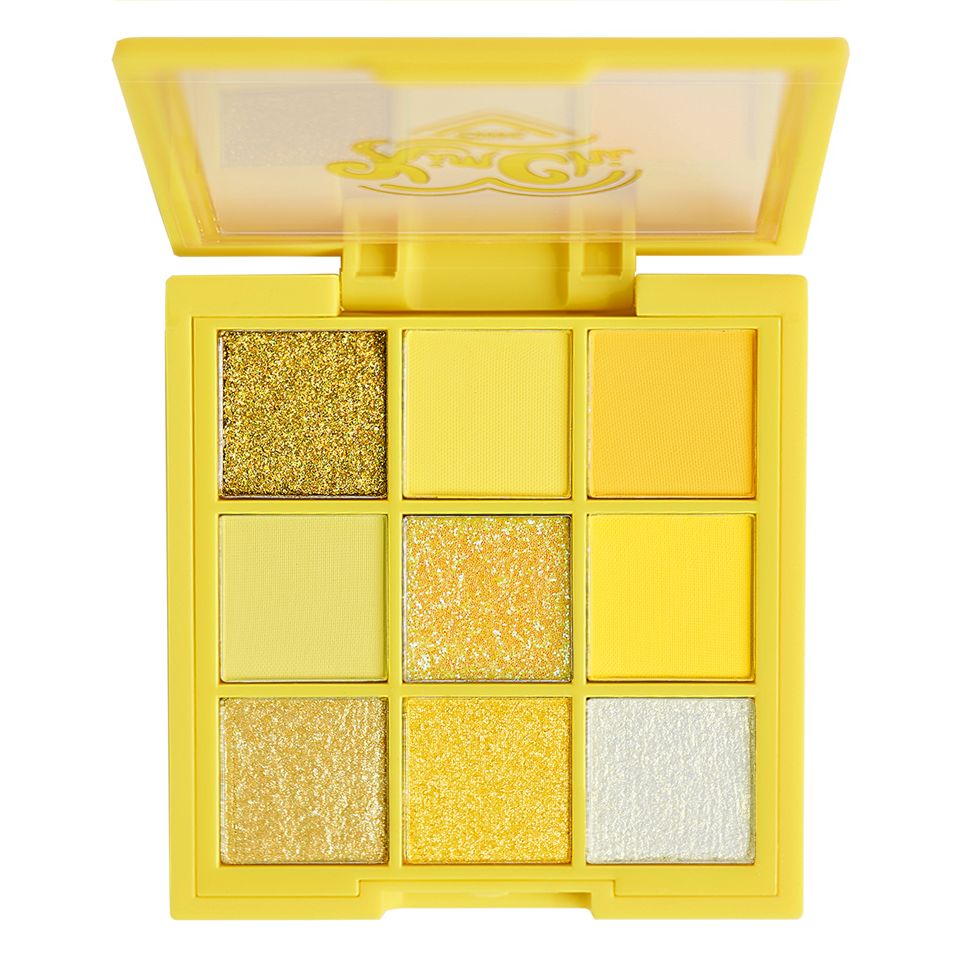 Yellow-themed eyeshadow palette with nine shades, including matte and glitter finishes.