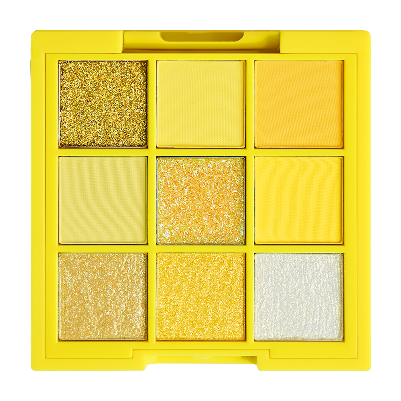 Nine-pan yellow eyeshadow palette with shimmery and matte finishes.