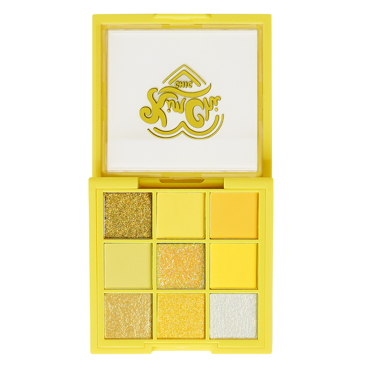 Yellow nine-shade eyeshadow palette with shimmer and matte colors