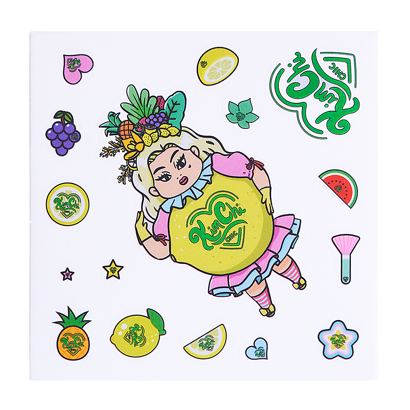 Cartoon character with fruit and decorative elements on a square surface.