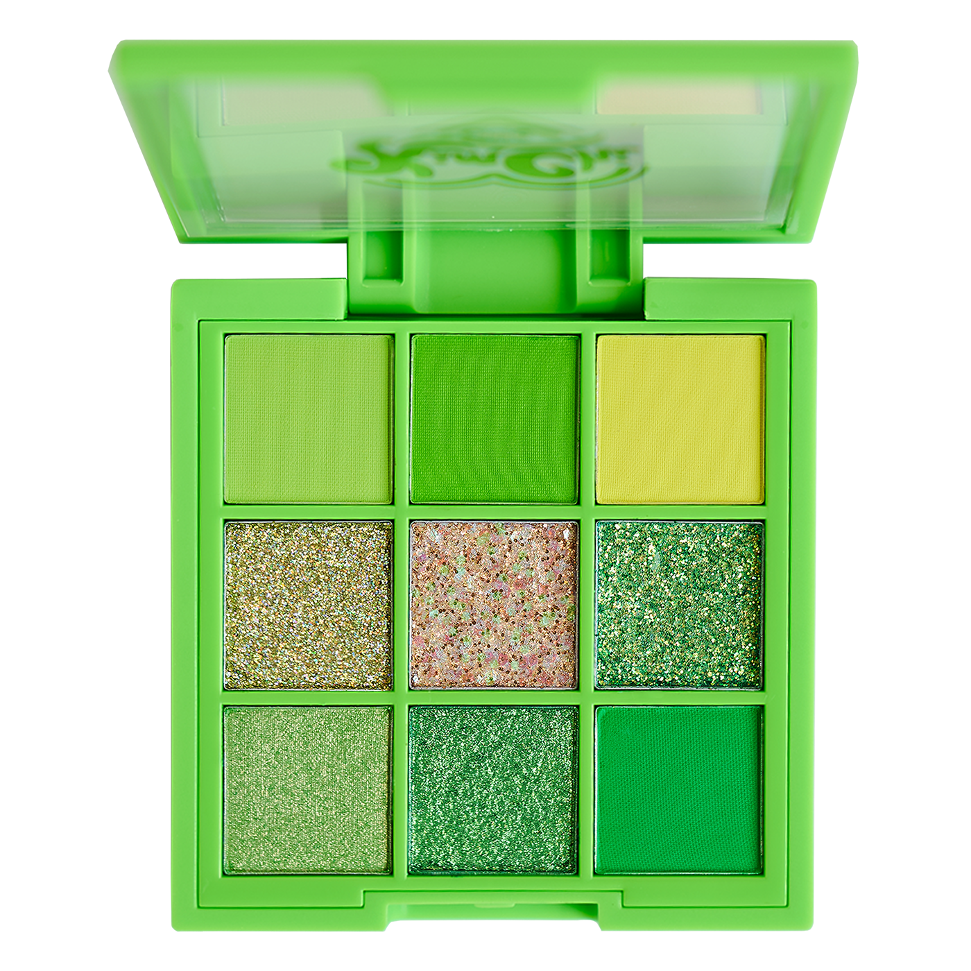 Green-themed nine-shade eyeshadow palette with matte and shimmer finishes in an open case.