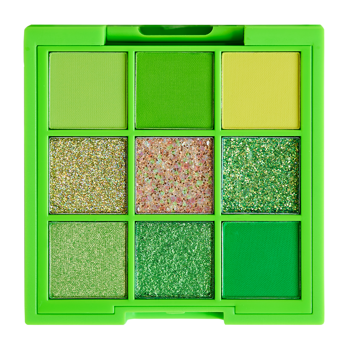 Green eyeshadow palette with matte and glitter shades