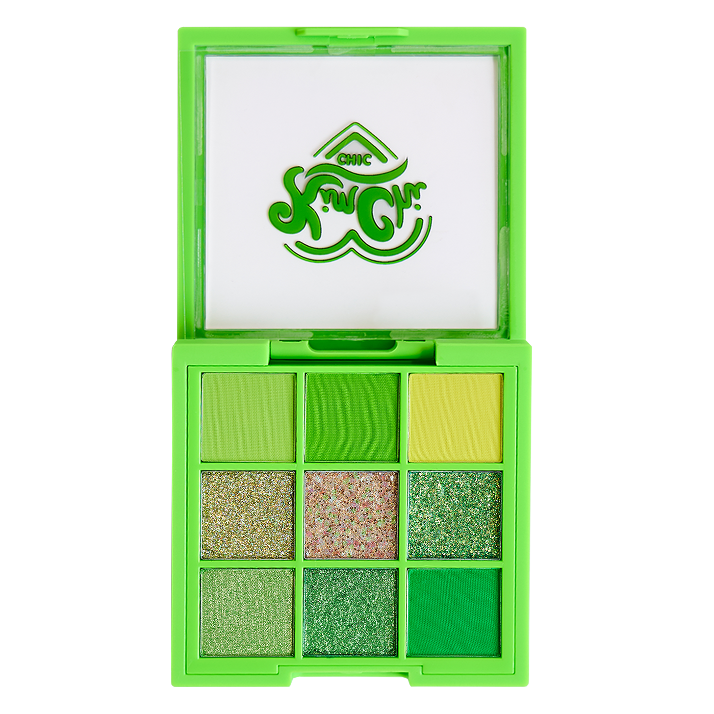 Nine-pan green eyeshadow palette with various shades and textures.